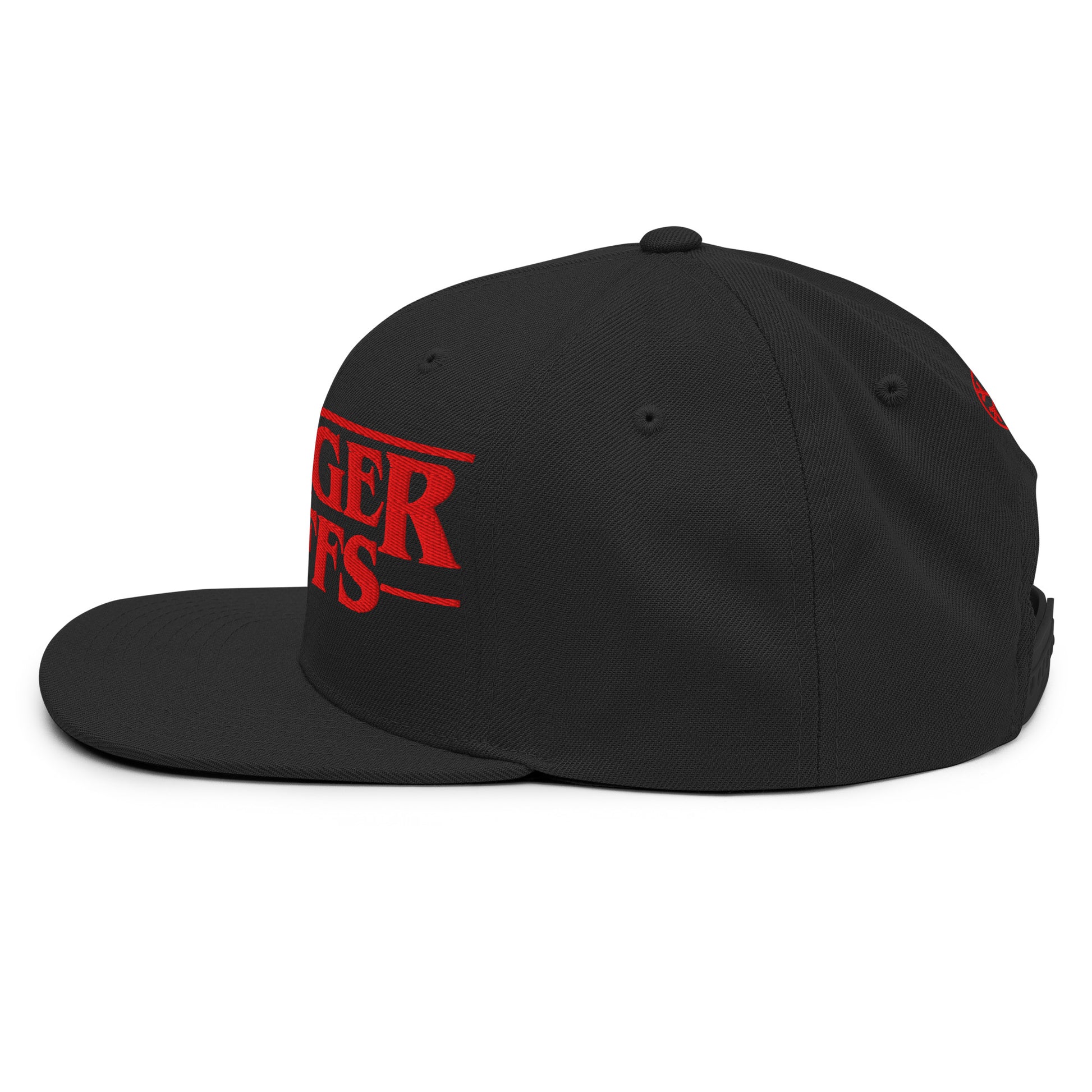 Black-Stranger Graffs Snapback Hat from B.Different Clothing, left view, graffiti-inspired streetwear