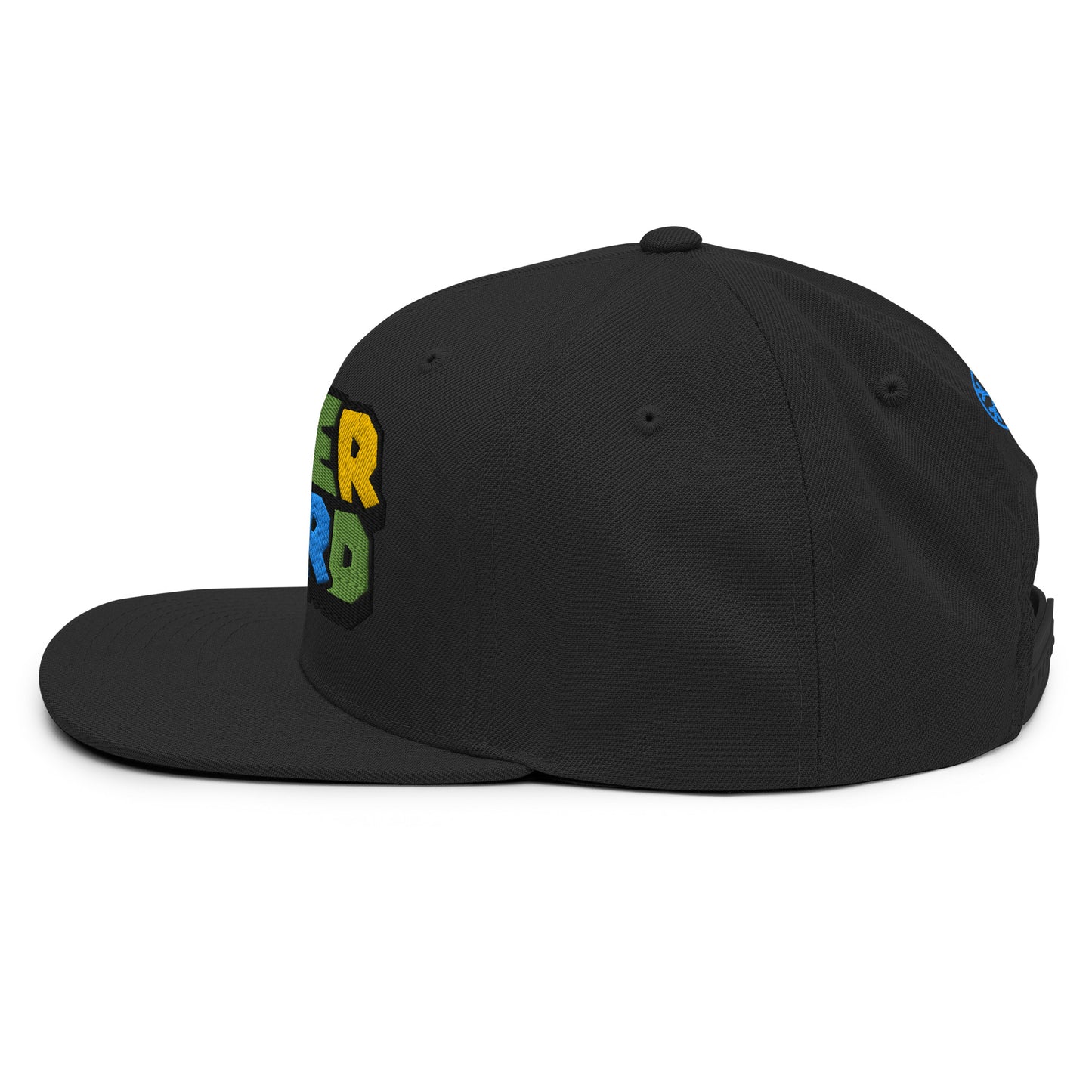 Black-Super Weird Bros Snapback Hat from B.Different Clothing, left view, graffiti-inspired streetwear