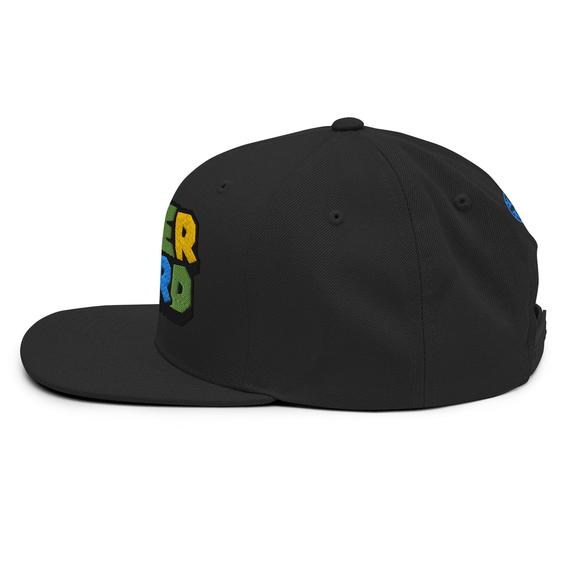 Black-Super Weird Bros Snapback Hat from B.Different Clothing, left view, graffiti-inspired streetwear