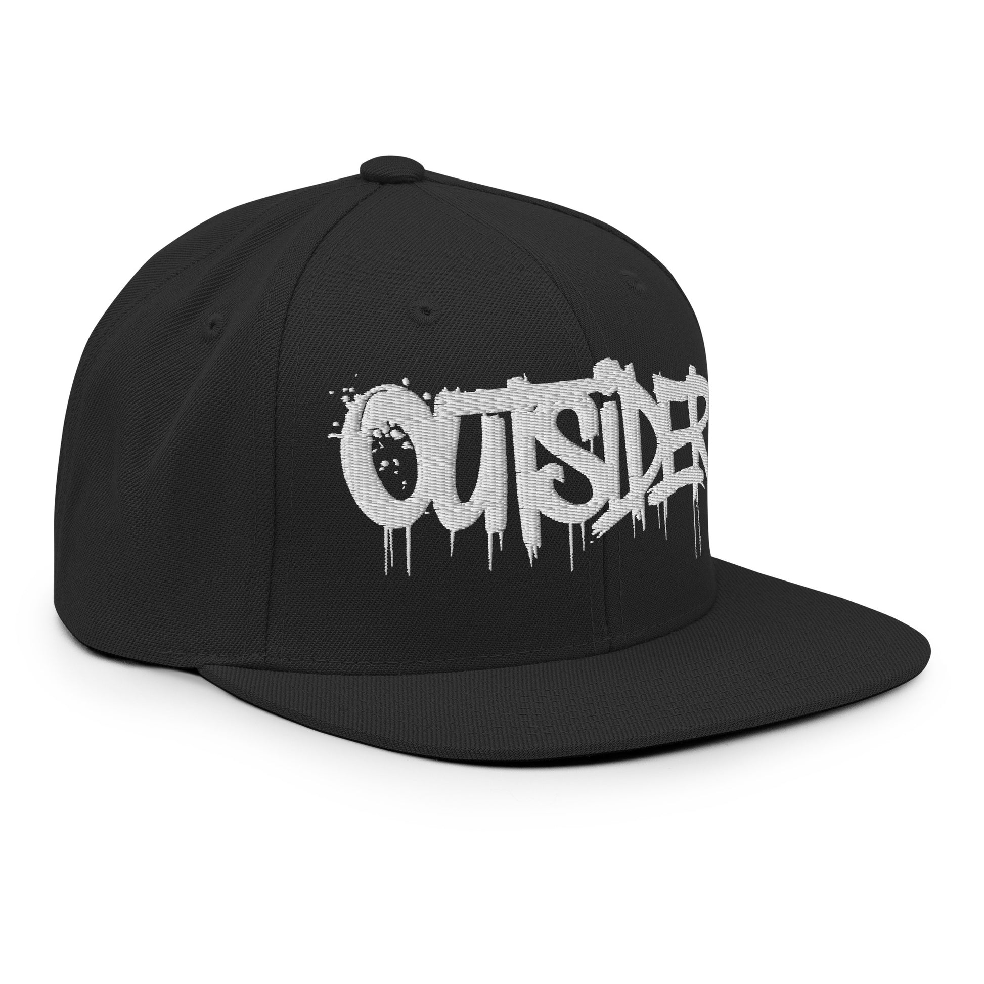 Black-Outsider Graffiti Tag Snapback Hat from B.Different Clothing, 3/4 right view, graffiti-inspired streetwear