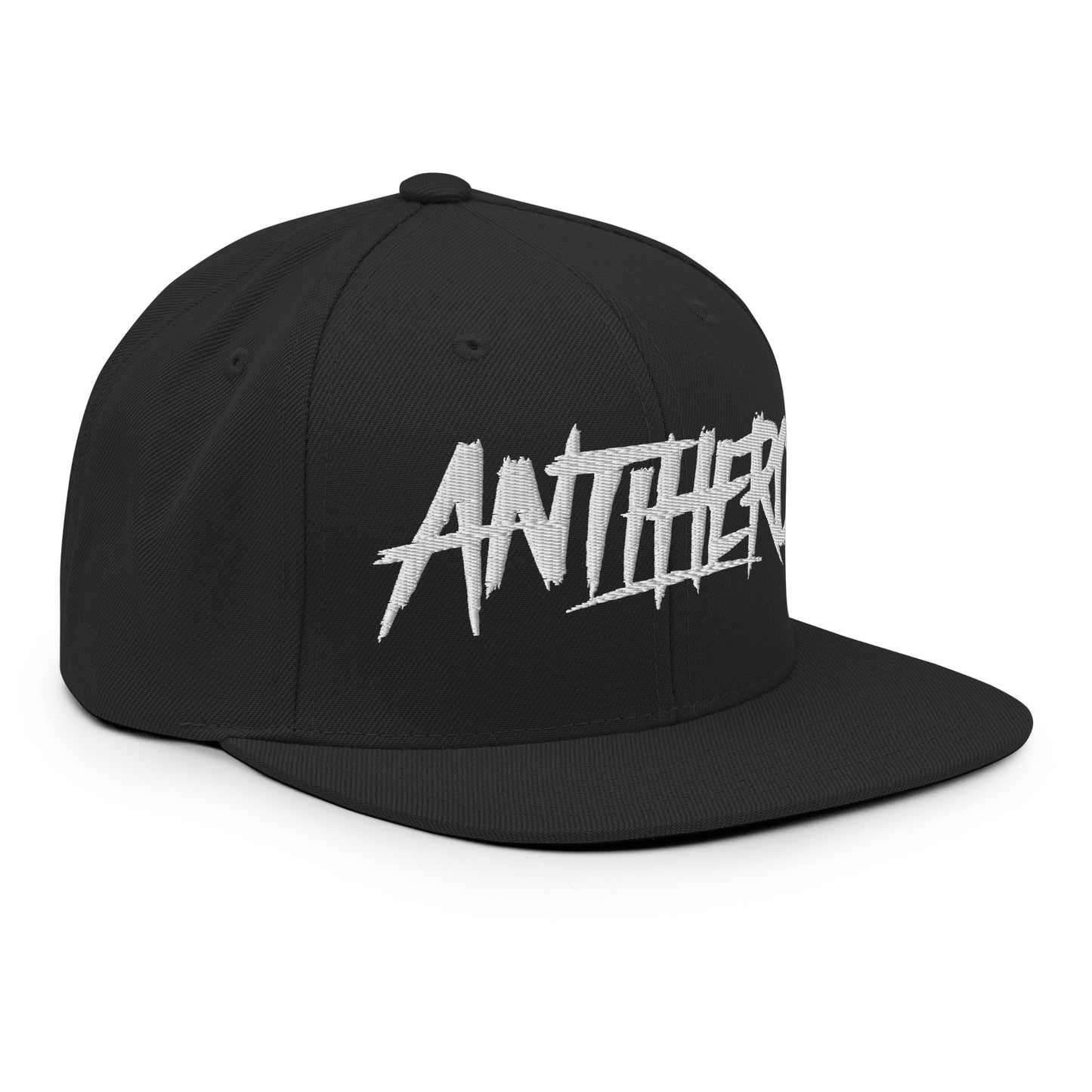 Black-Antihero Graffiti Tag Snapback Hat from B.Different Clothing, 3/4 right view, graffiti-inspired streetwear