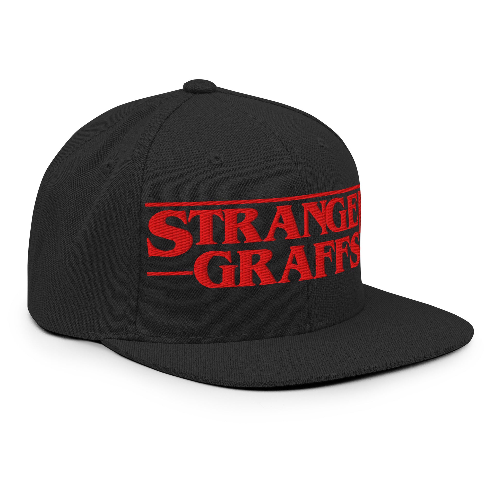 Black-Stranger Graffs Snapback Hat from B.Different Clothing, 3/4 right view, graffiti-inspired streetwear