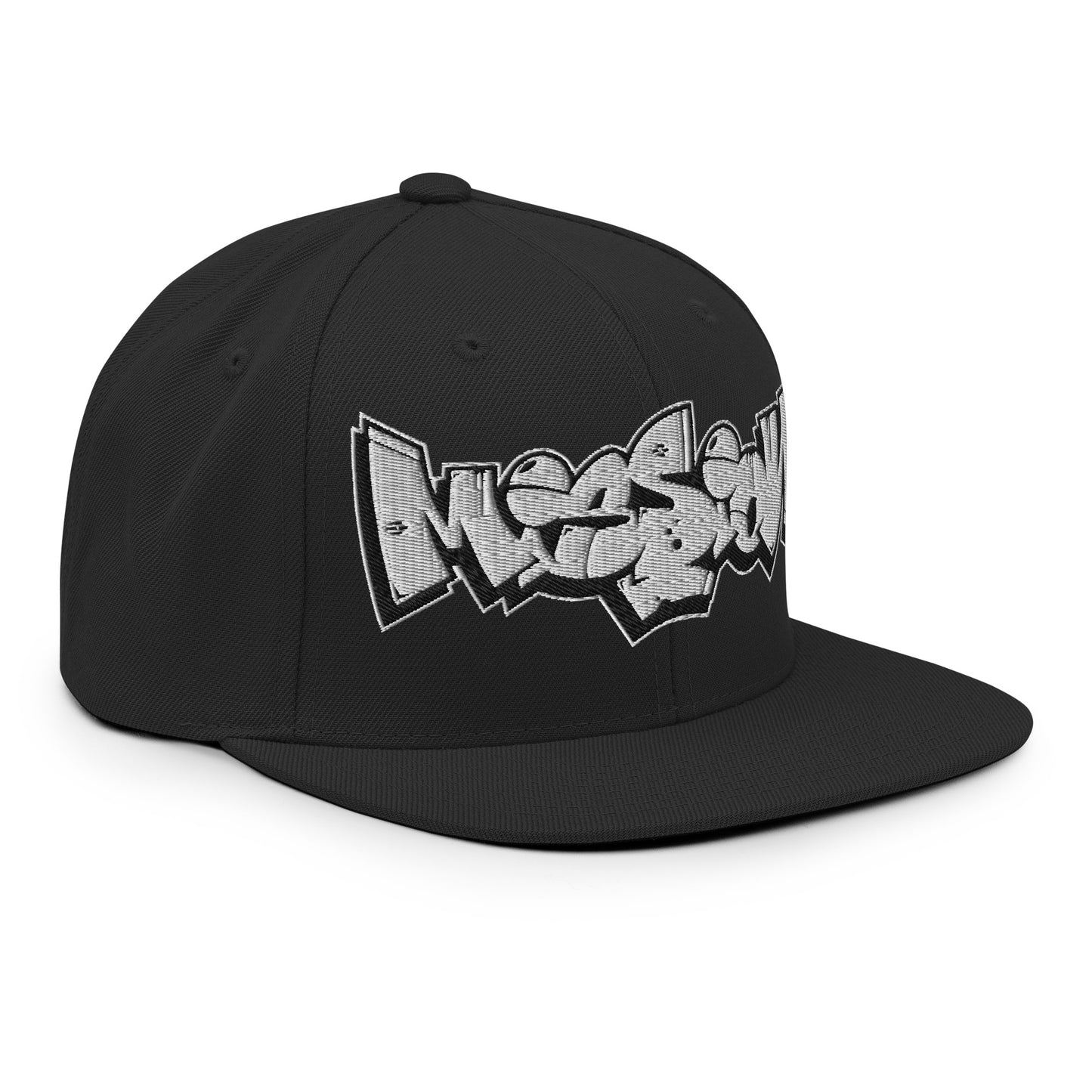 Black-Mission Graffiti Piece Snapback Hat from B.Different Clothing, 3/4 right view, graffiti-inspired streetwear