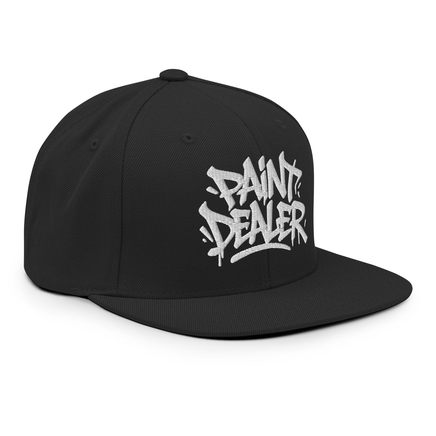 Black-Paint Dealer Graffiti Tag Snapback Hat from B.Different Clothing, 3/4 right view, graffiti-inspired streetwear