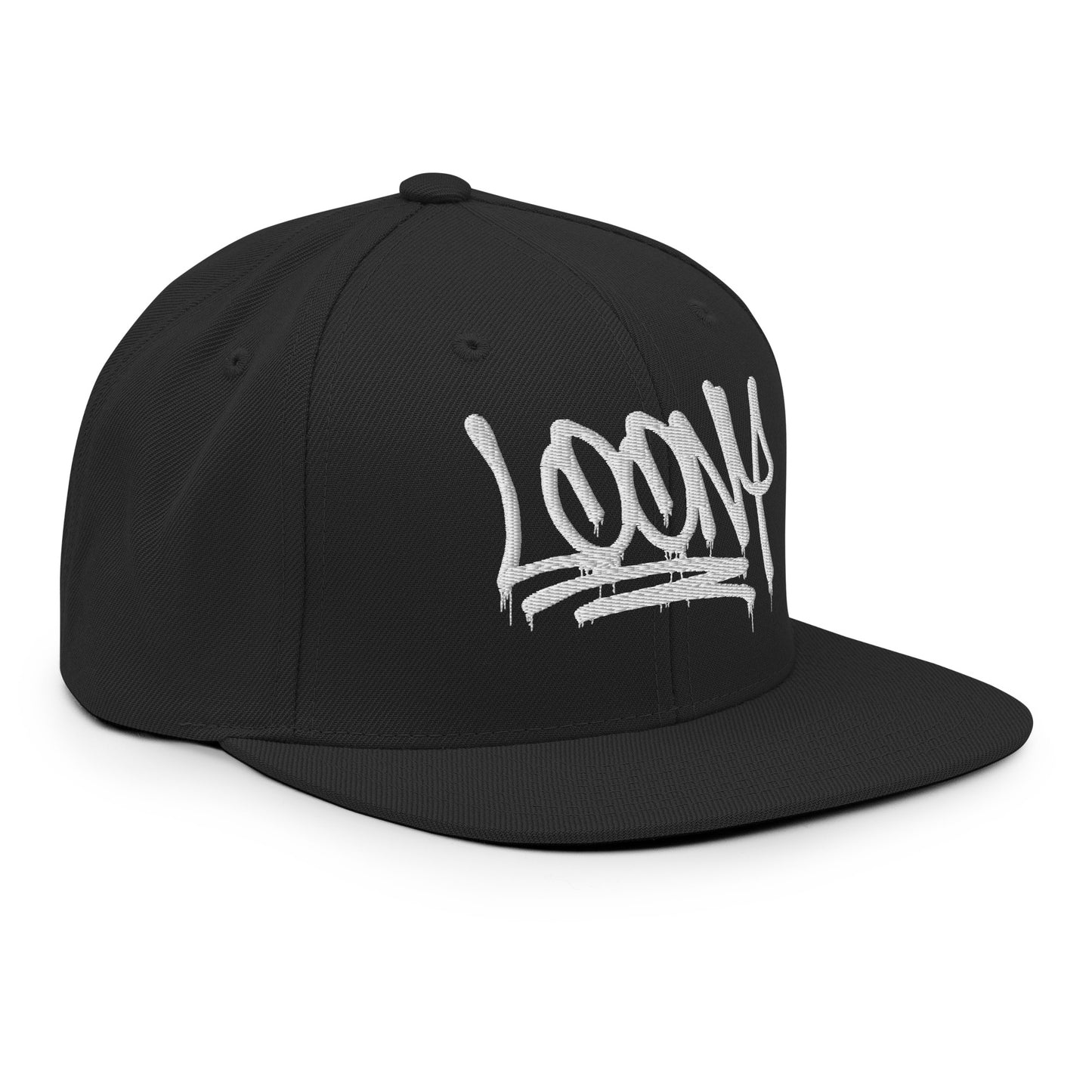 Black-Loony Graffiti Tag Snapback Hat from B.Different Clothing, 3/4 right view, graffiti-inspired streetwear