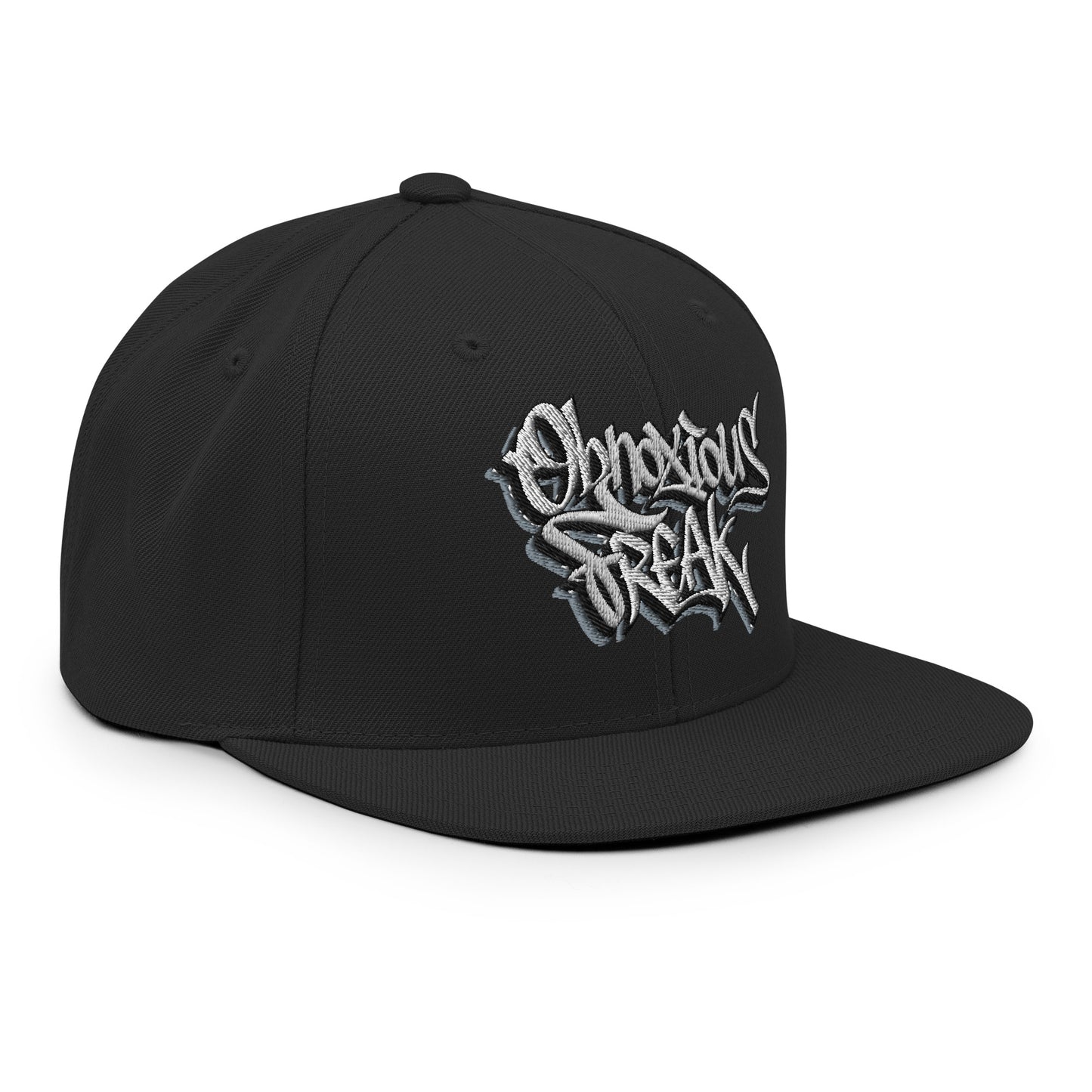 Black-Obnoxious Freak Graffiti Snapback Hat from B.Different Clothing, 3/4 right view, graffiti-inspired streetwear