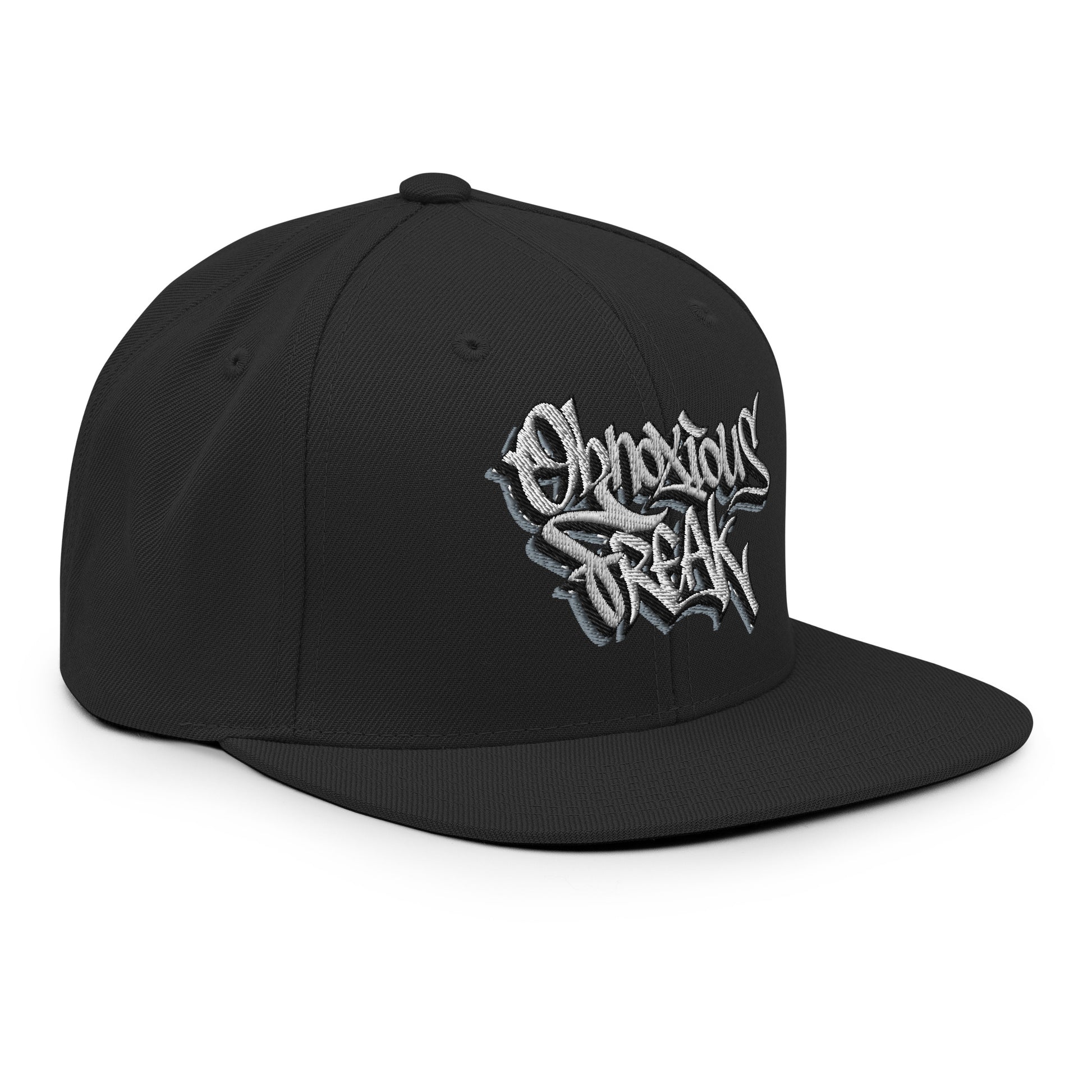 Black-Obnoxious Freak Graffiti Snapback Hat from B.Different Clothing, 3/4 right view, graffiti-inspired streetwear