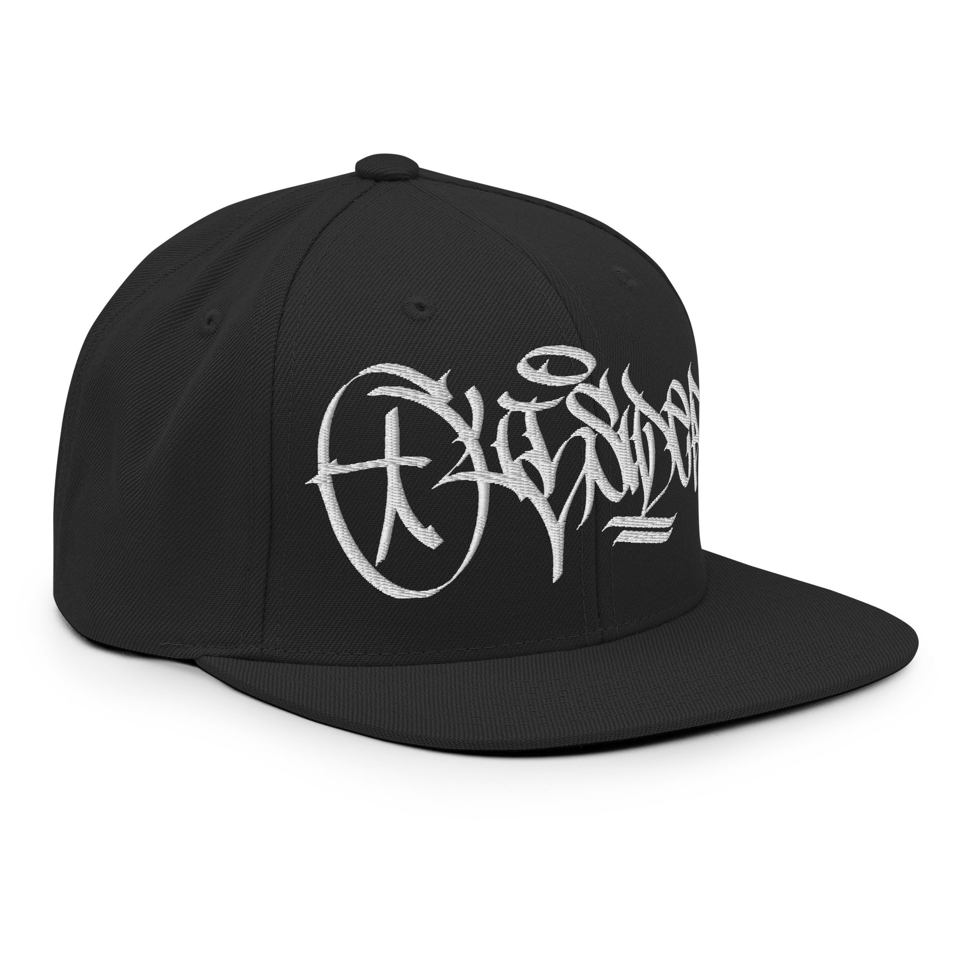 Black-Outsider Graffiti Tag Snapback Hat by Caos One from B.Different Clothing, 3/4 right view, graffiti-inspired streetwear