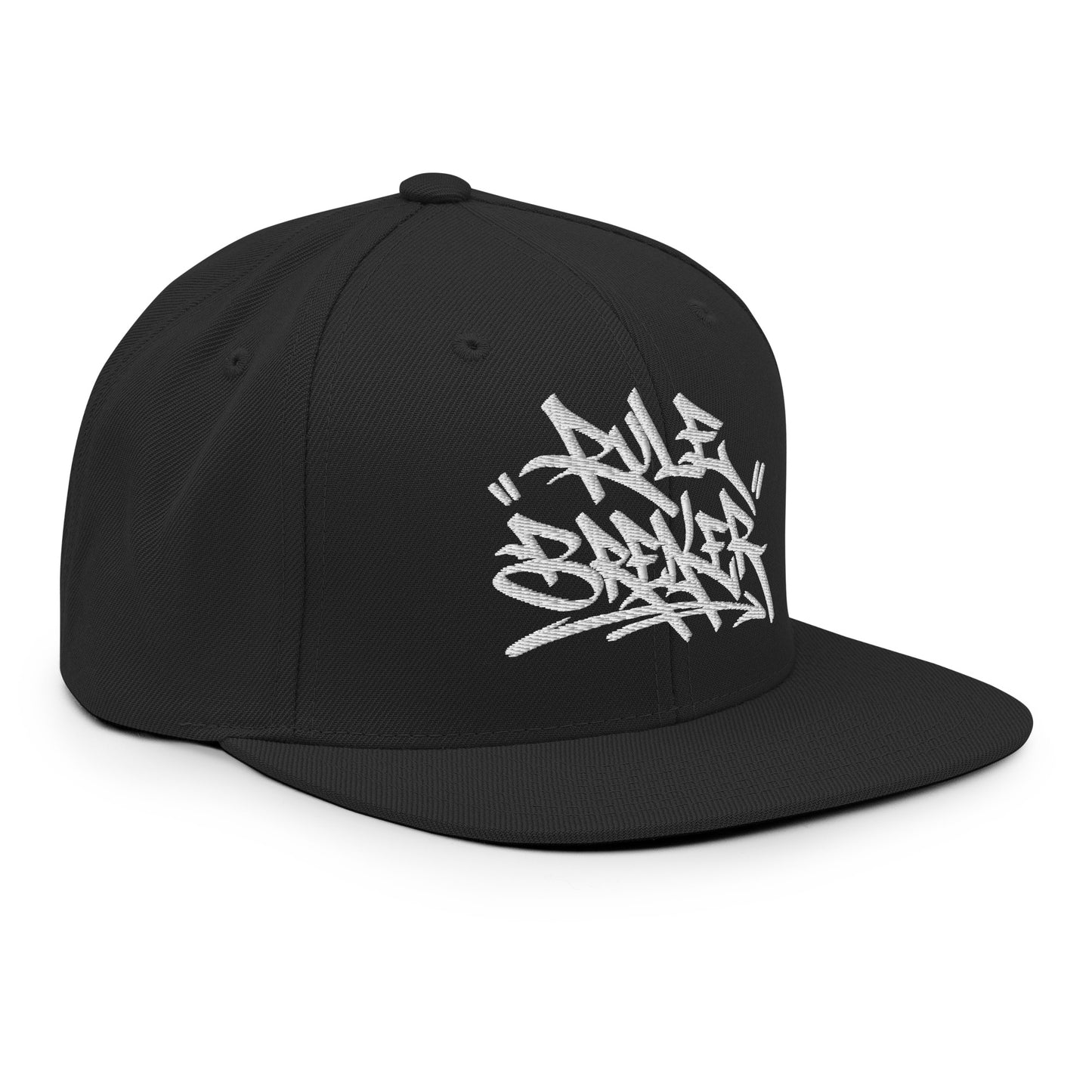 Black-Rule Breaker Graffiti Tag Snapback Hat from B.Different Clothing, right front, graffiti-inspired streetwear