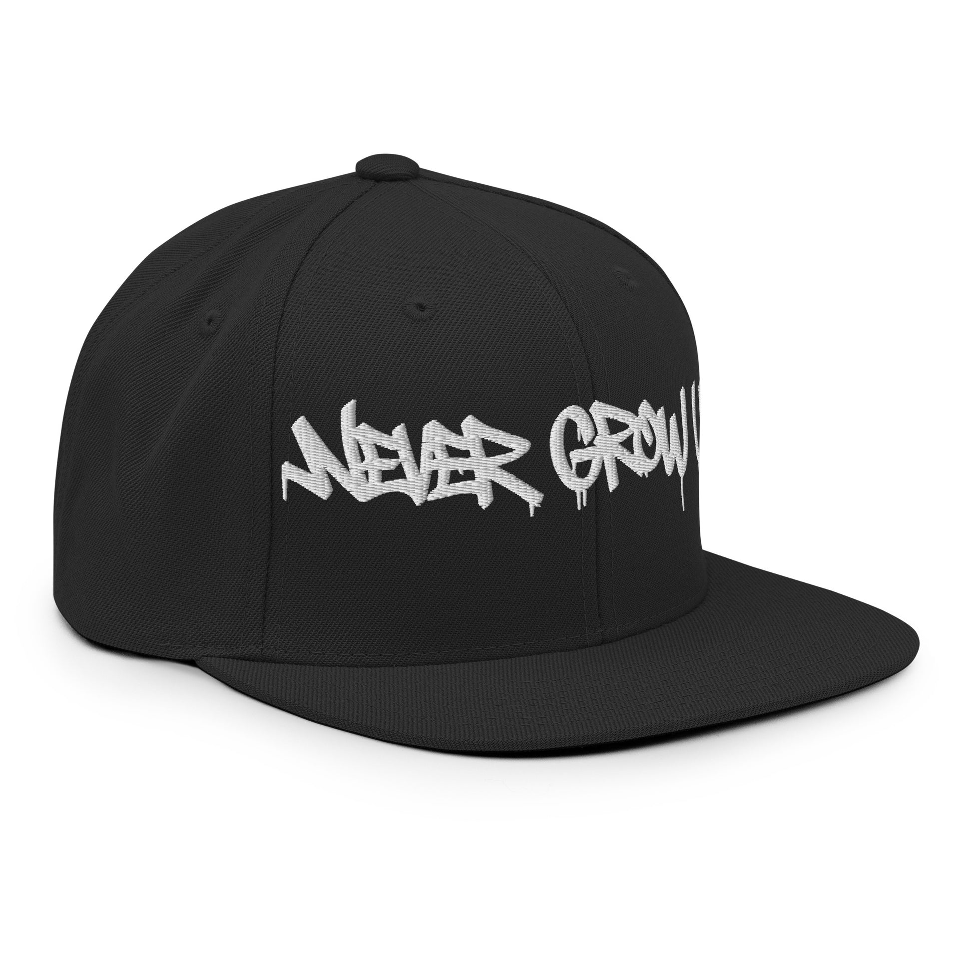 Black-Never Grow Up Graffiti Snapback Hat from B.Different Clothing, right front, graffiti-inspired streetwear