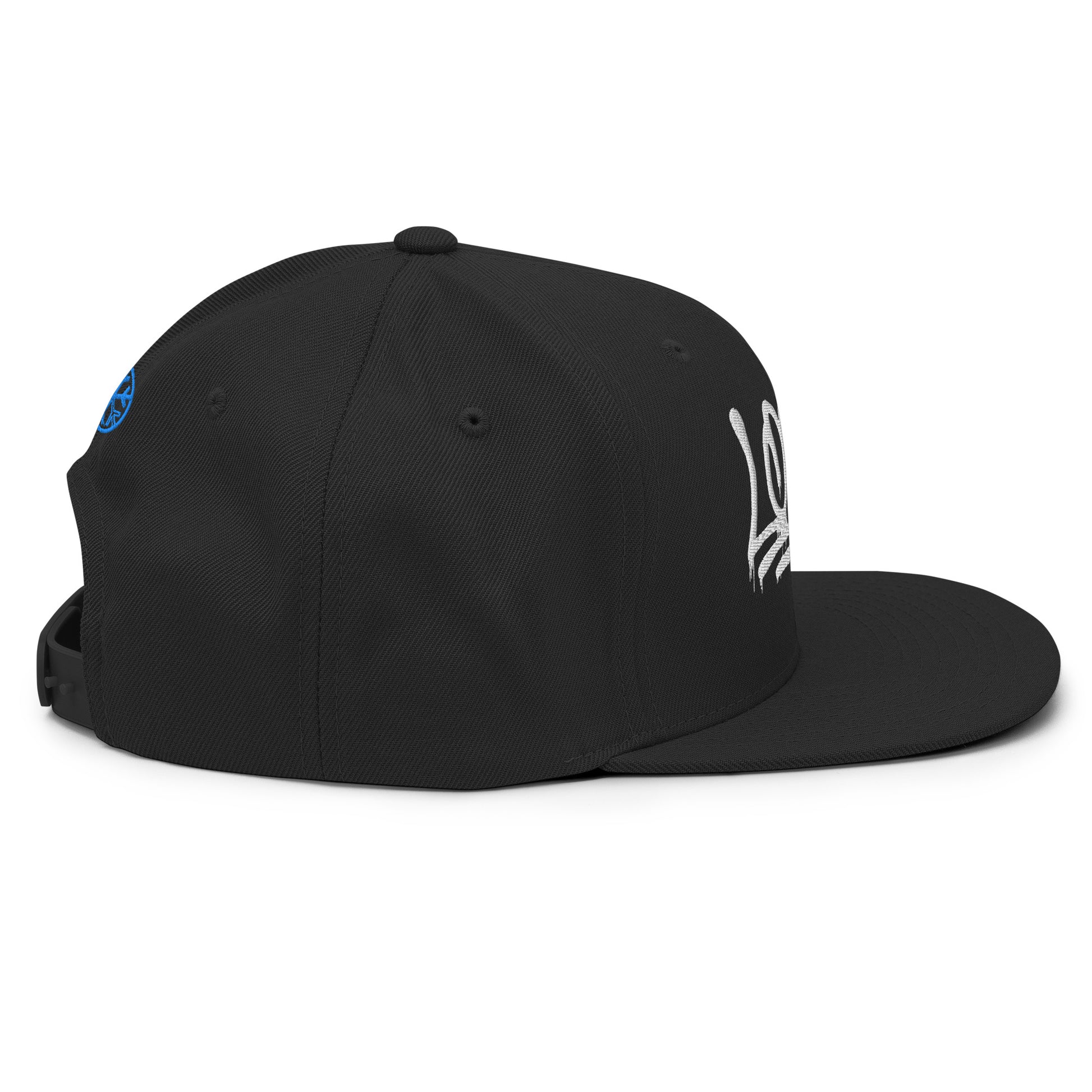 Black-Loony Graffiti Tag Snapback Hat from B.Different Clothing, right view, graffiti-inspired streetwear