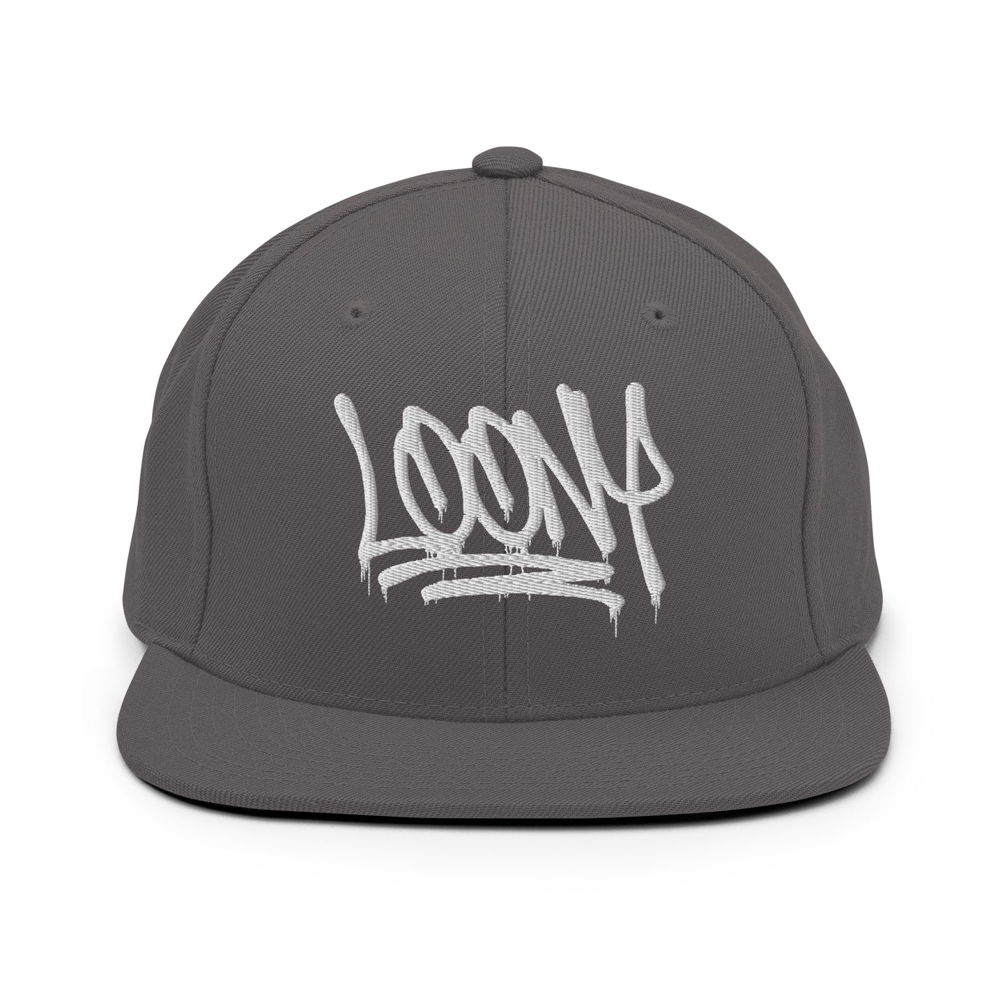 Gray-Loony Graffiti Tag Snapback Hat from B.Different Clothing, front view, graffiti-inspired streetwear