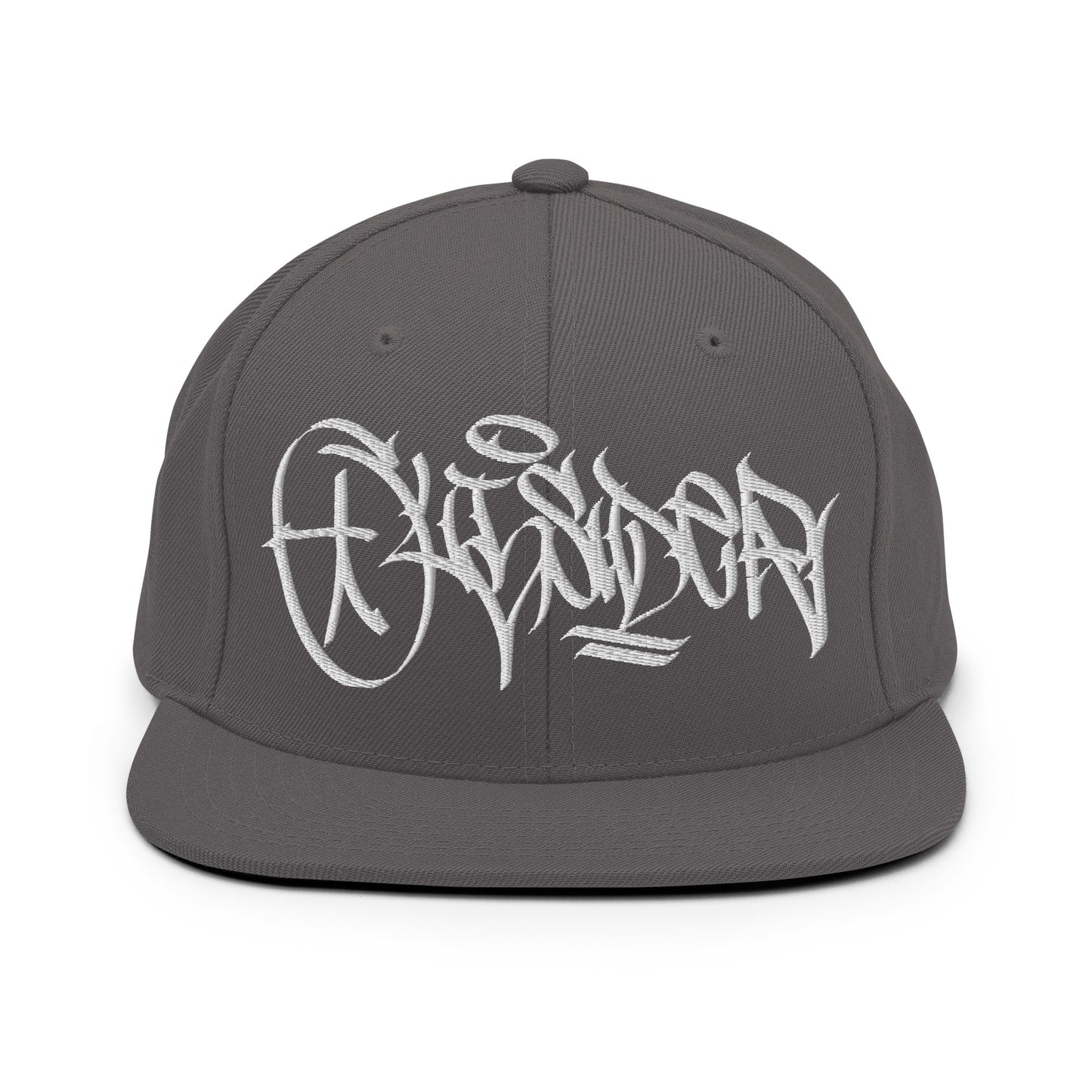 Gray-Outsider Graffiti Tag Snapback Hat by Caos One from B.Different Clothing, front view, graffiti-inspired streetwear