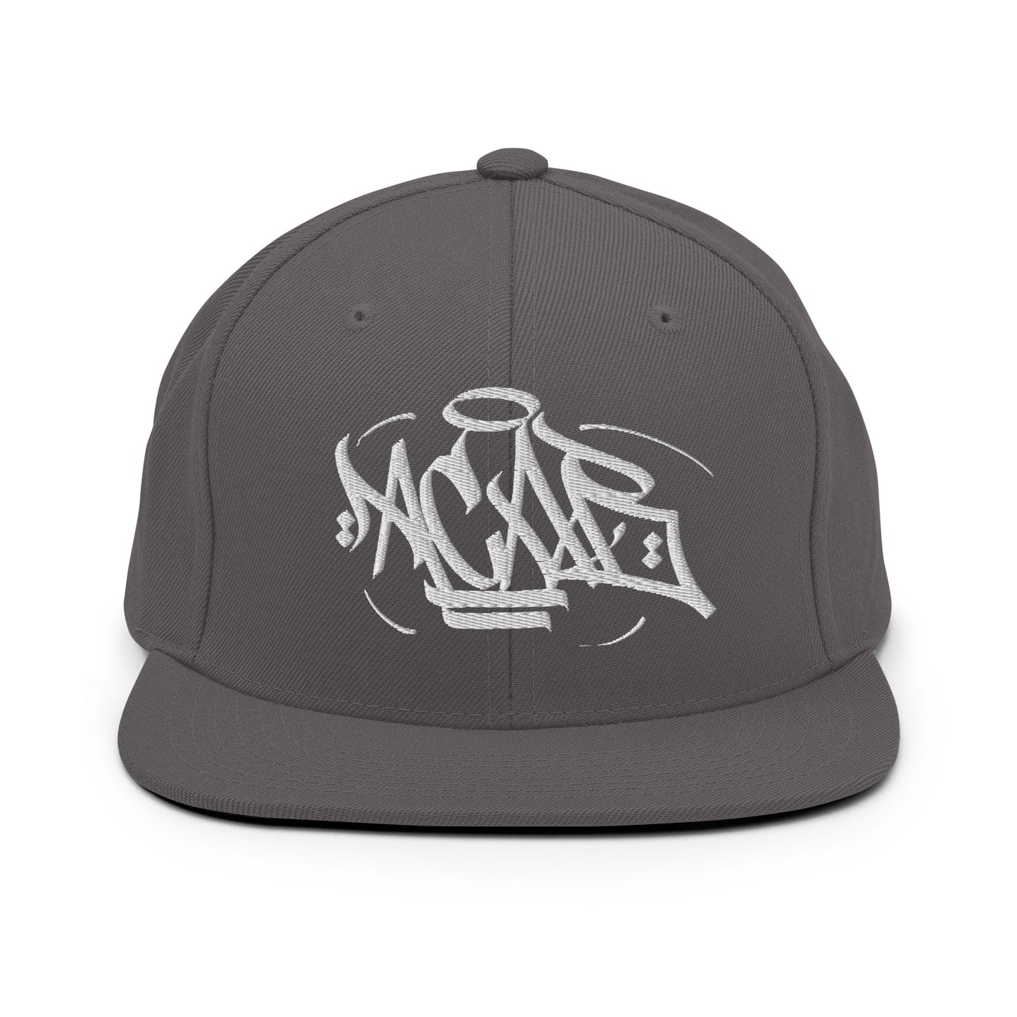 Gray-Acab Graffiti Tag Snapback Hat by Caos One from B.Different Clothing, front view, graffiti-inspired streetwear