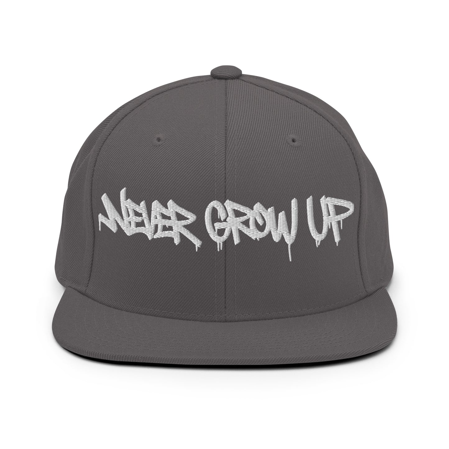Darkgray-Never Grow Up Graffiti Snapback Hat from B.Different Clothing, front view, graffiti-inspired streetwear