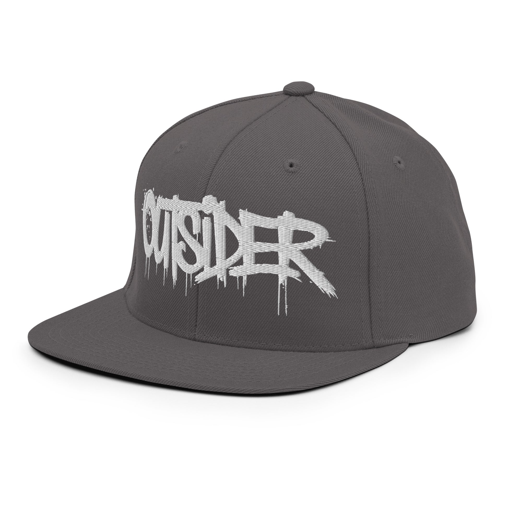 Darkgray-Outsider Graffiti Tag Snapback Hat from B.Different Clothing, 3/4 left view, graffiti-inspired streetwear