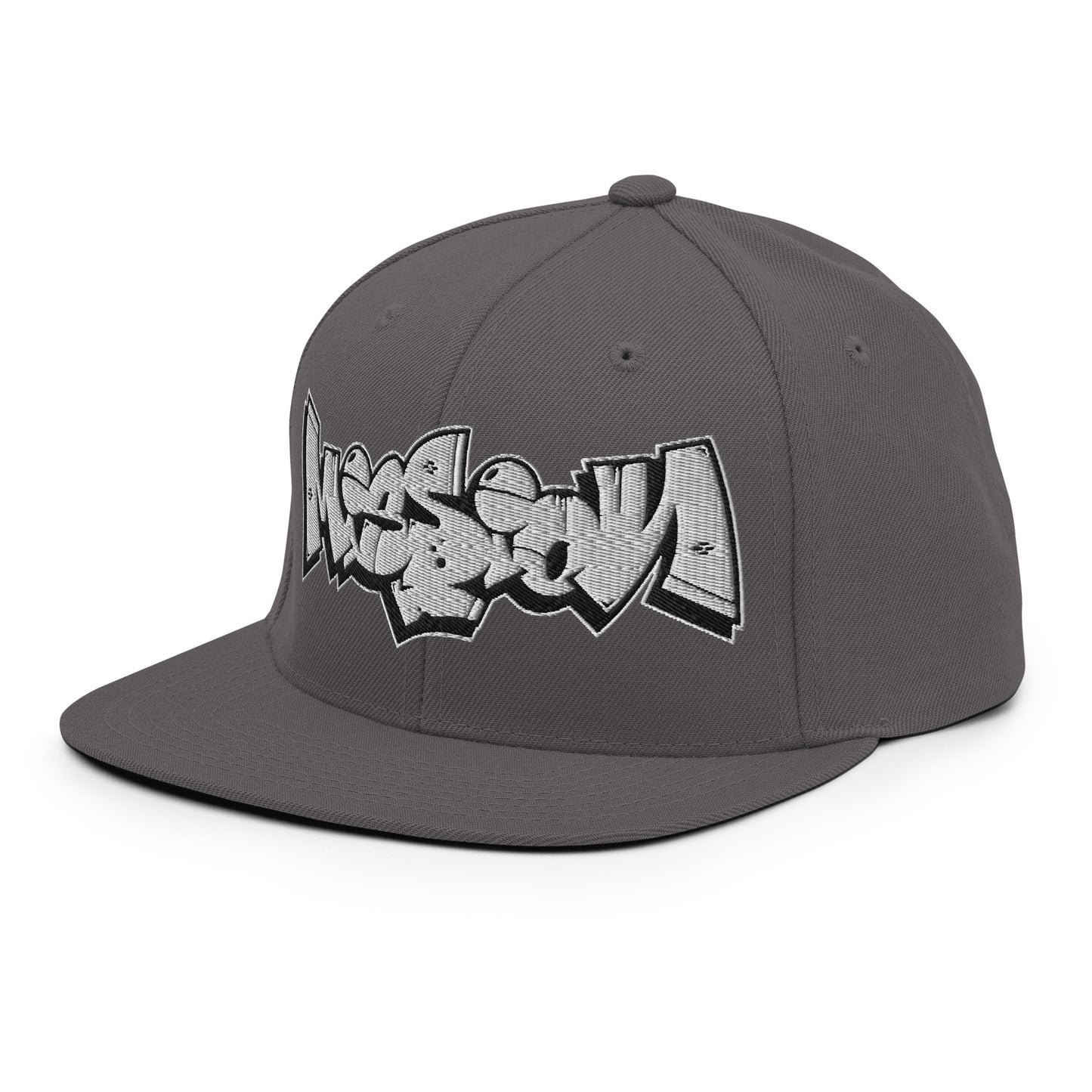 Darkgray-Mission Graffiti Piece Snapback Hat from B.Different Clothing, 3/4 left view, graffiti-inspired streetwear