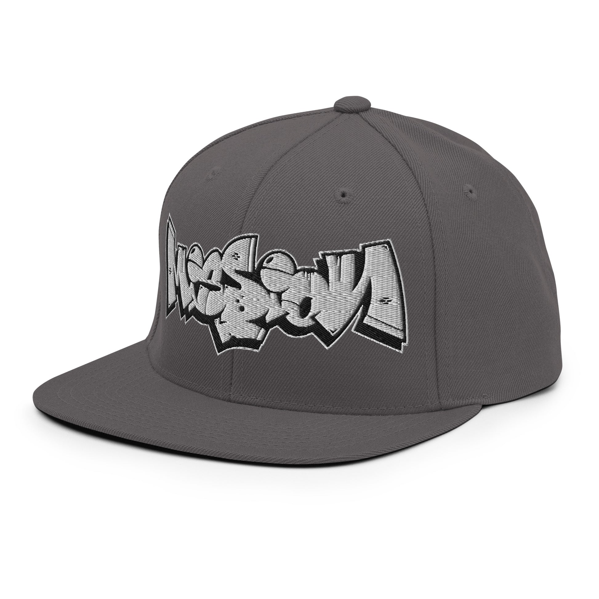Darkgray-Mission Graffiti Piece Snapback Hat from B.Different Clothing, 3/4 left view, graffiti-inspired streetwear