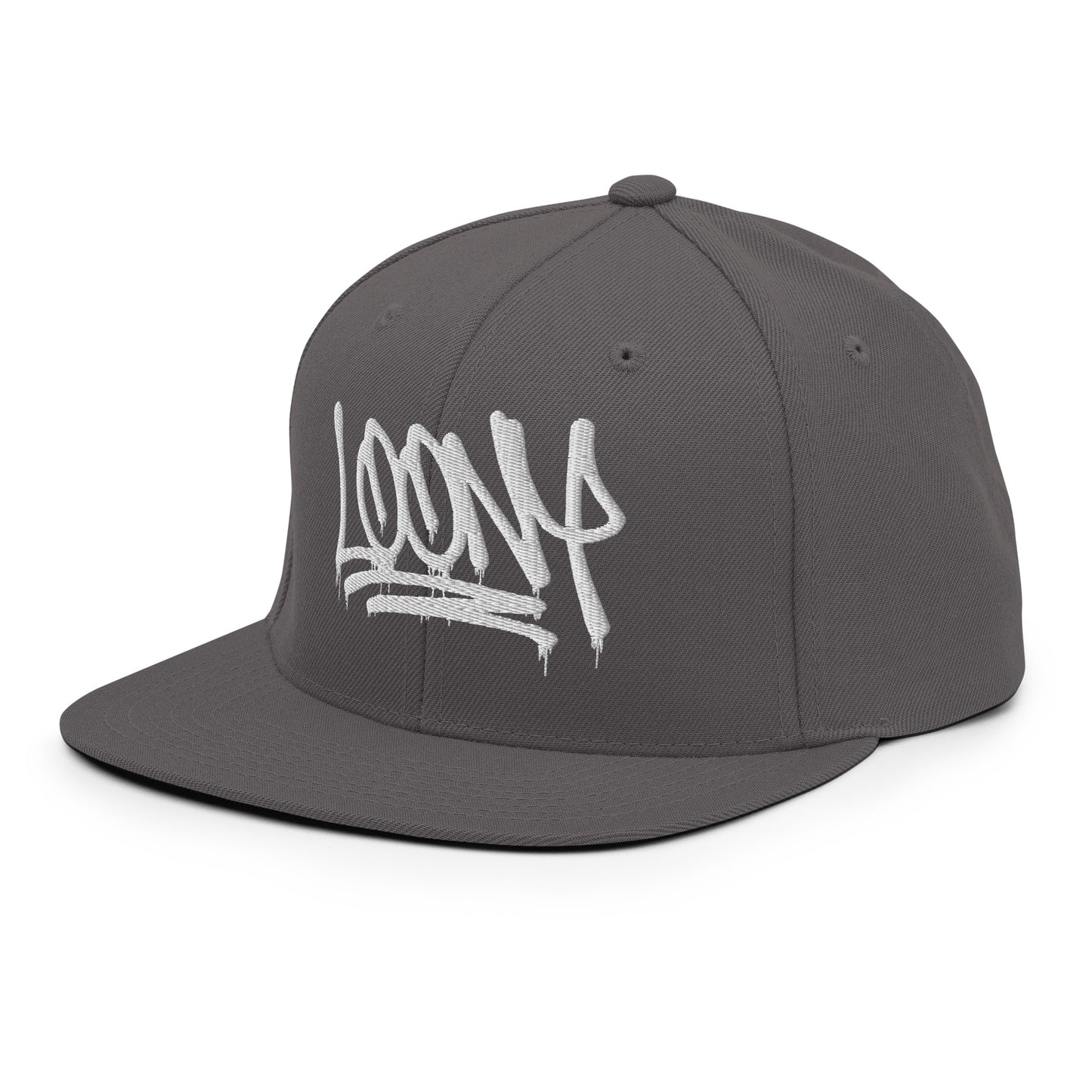 Gray-Loony Graffiti Tag Snapback Hat from B.Different Clothing, 3/4 left view, graffiti-inspired streetwear