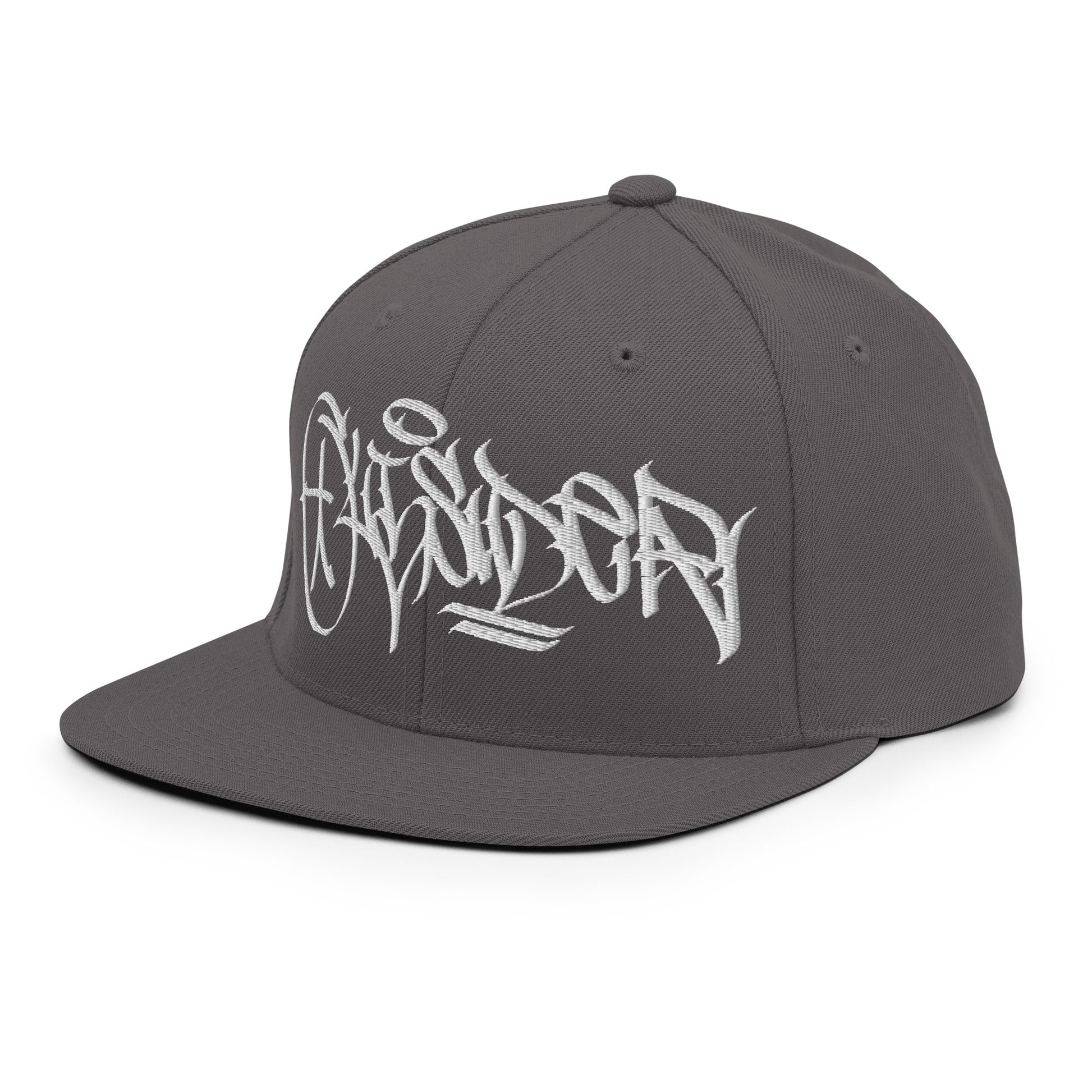Gray-Outsider Graffiti Tag Snapback Hat by Caos One from B.Different Clothing, 3/4 left view, graffiti-inspired streetwear