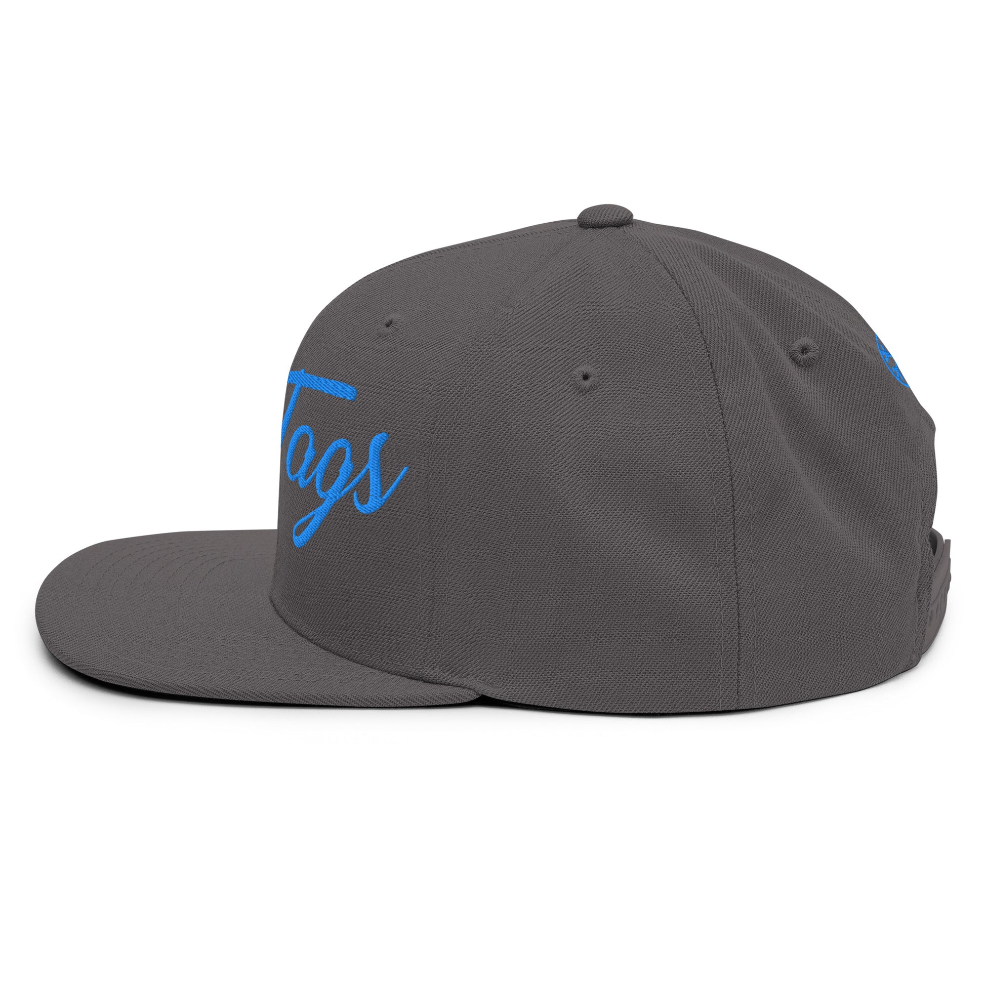 Gray-Only Tags Graffiti Snapback Hat from B.Different Clothing, left view, graffiti-inspired streetwear