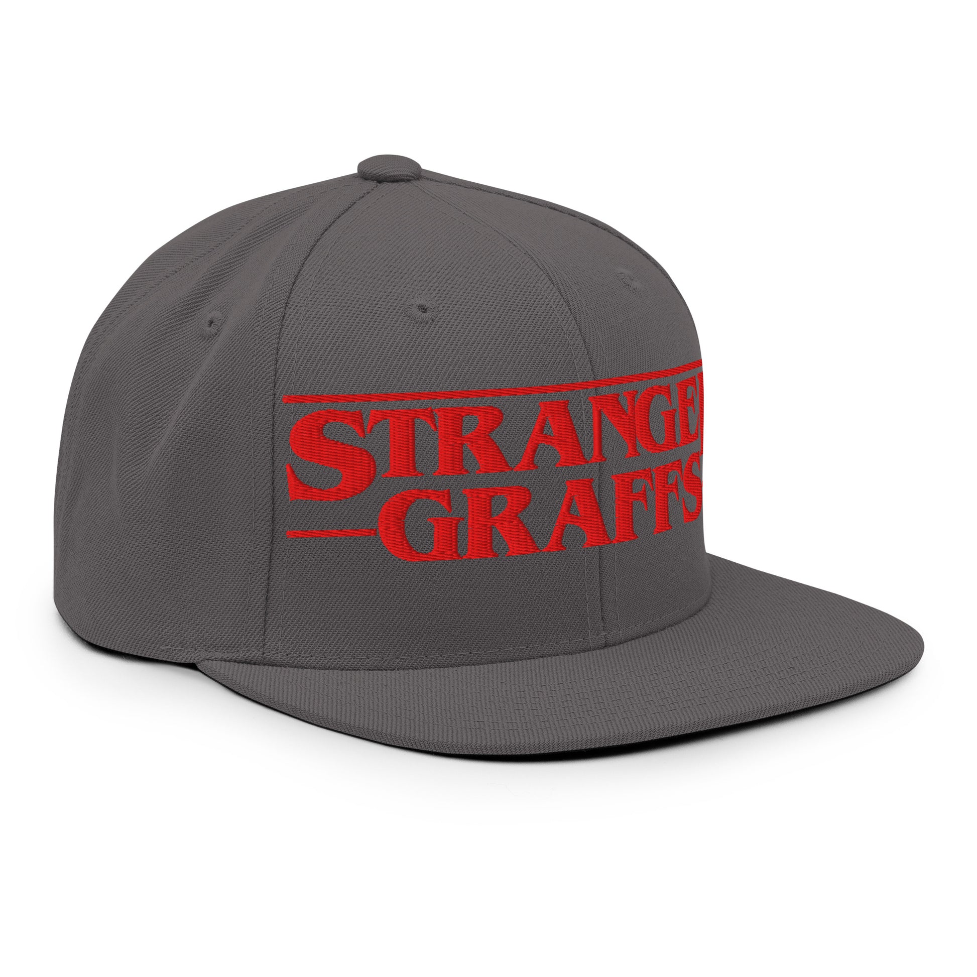Gray-Stranger Graffs Snapback Hat from B.Different Clothing, 3/4 right view, graffiti-inspired streetwear