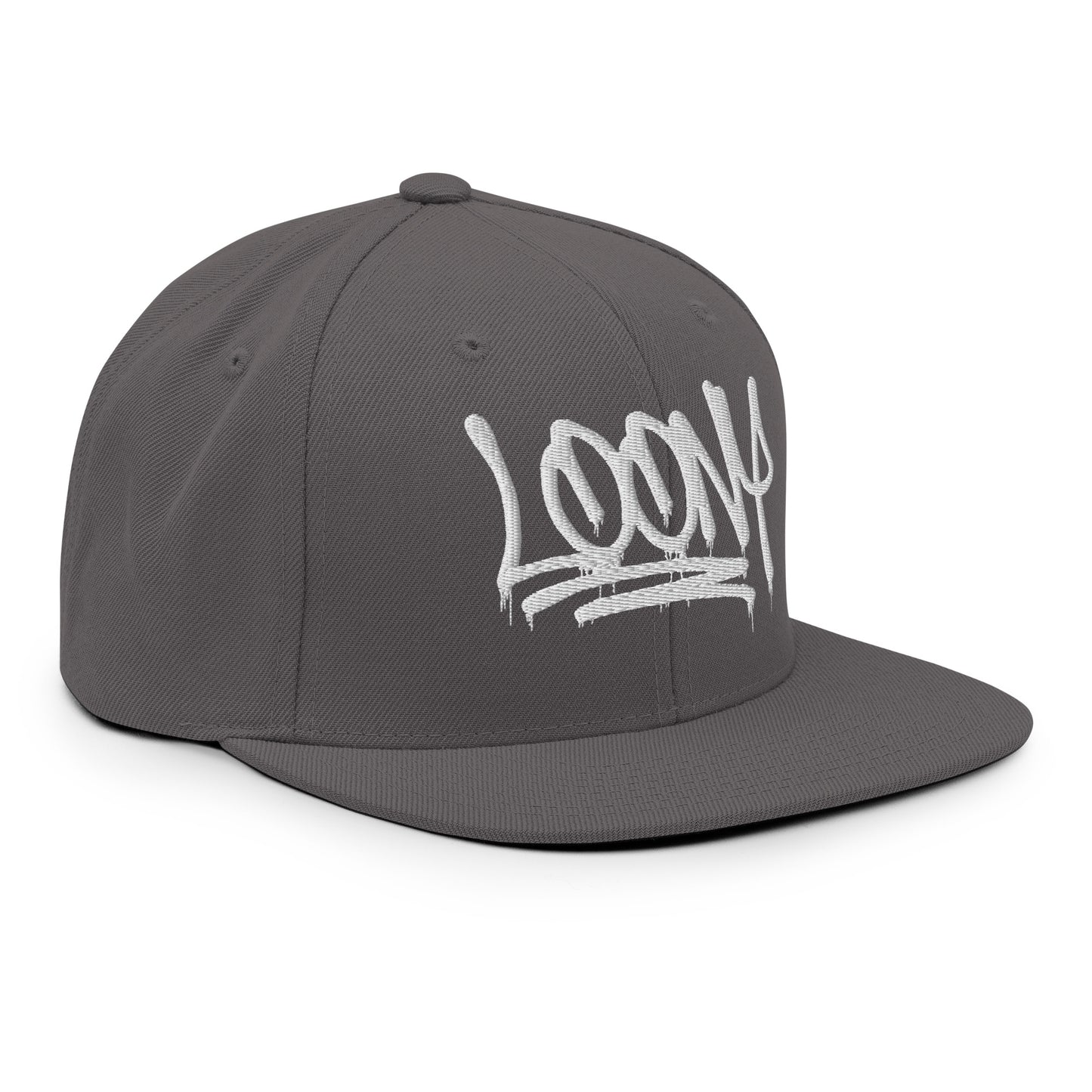 Gray-Loony Graffiti Tag Snapback Hat from B.Different Clothing, 3/4 right view, graffiti-inspired streetwear