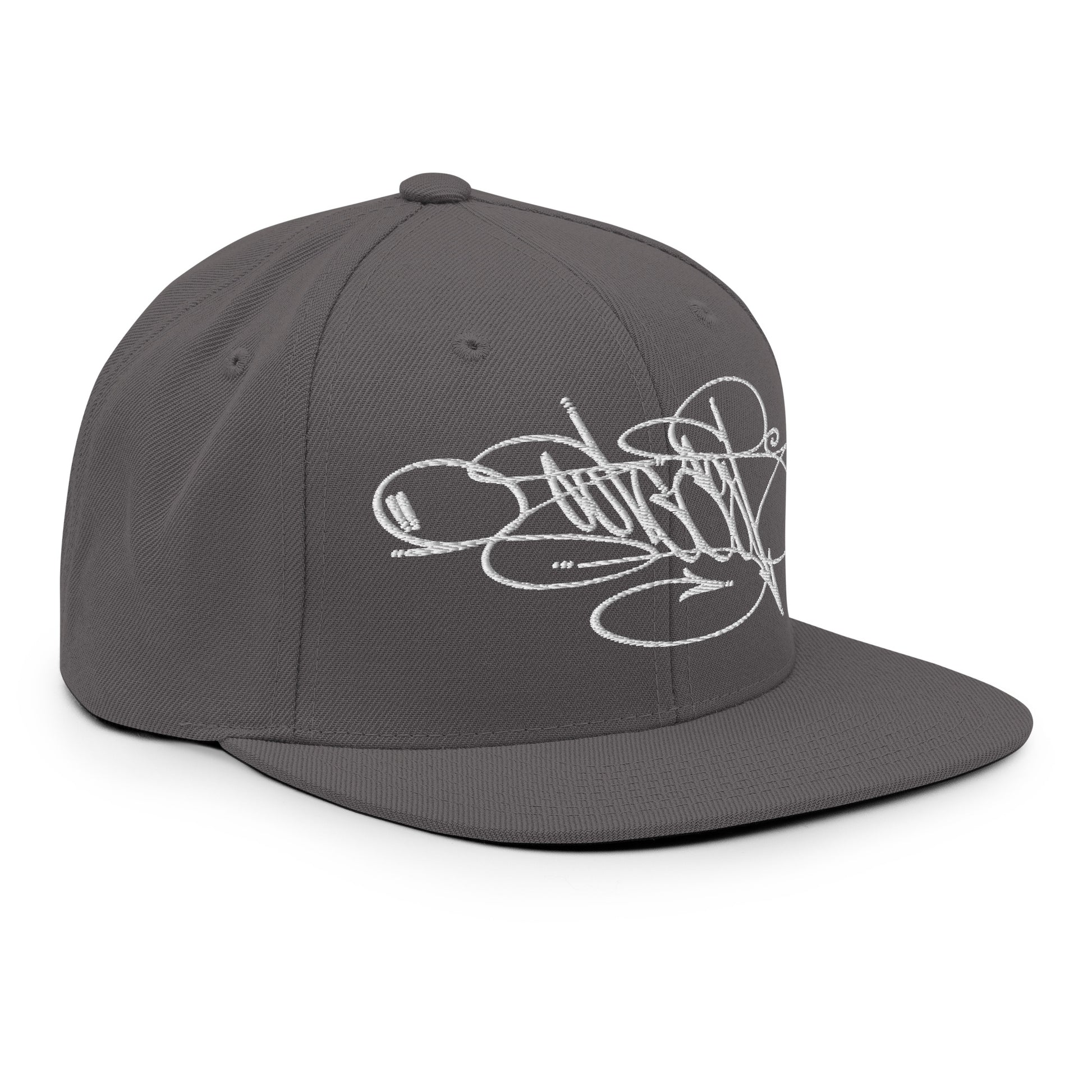 Gray-Outcast Tag Snapback Hat by Graffiti Dad from B.Different Clothing, 3/4 right view, graffiti-inspired streetwear