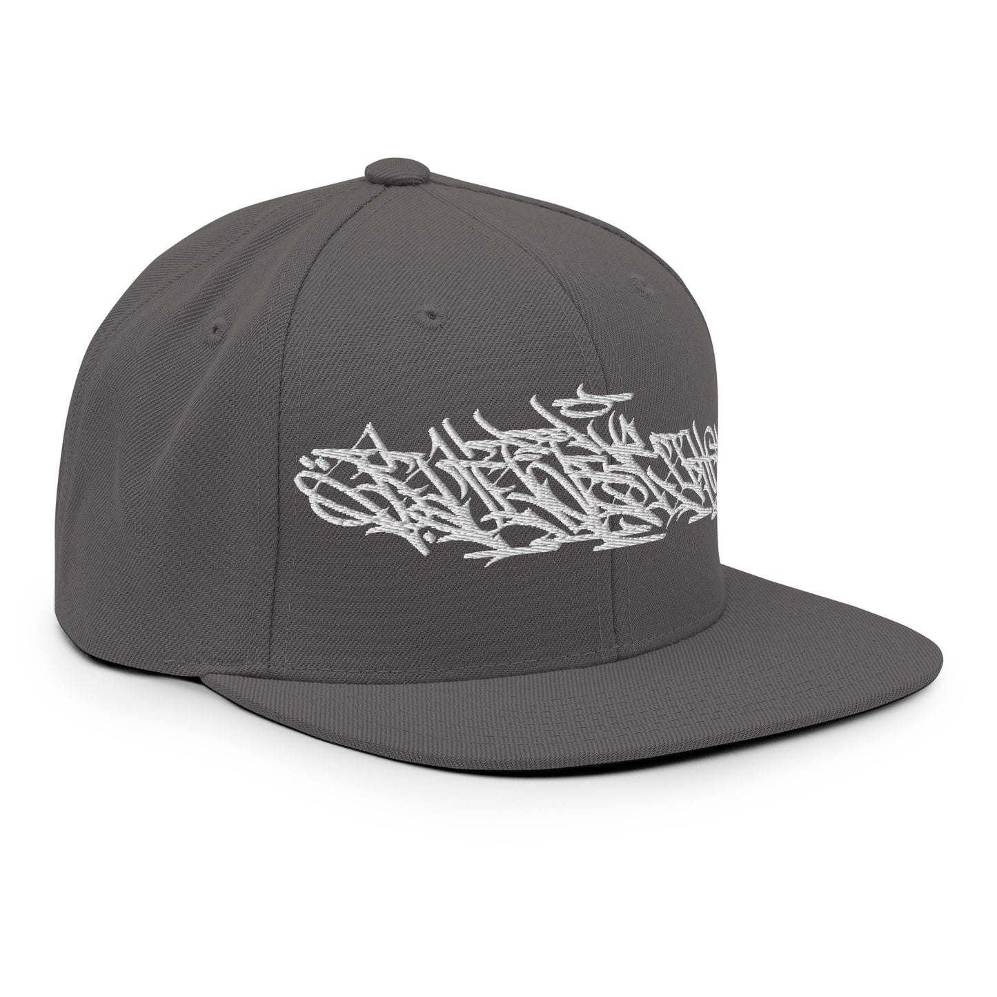 Gray-Shew Collab Graffiti Snapback Hat from B.Different Clothing, 3/4 right view, graffiti-inspired streetwear