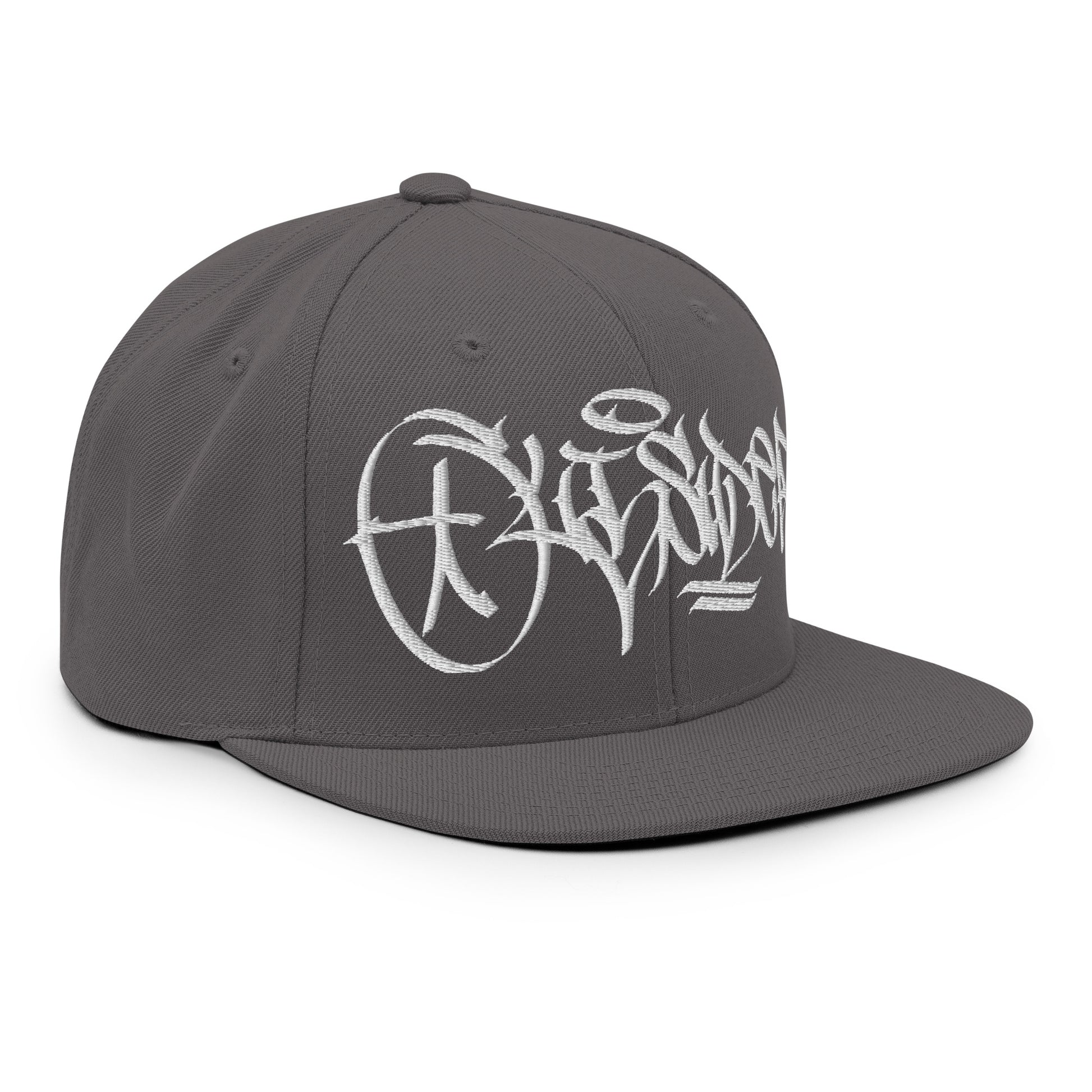 Gray-Outsider Graffiti Tag Snapback Hat by Caos One from B.Different Clothing, 3/4 right view, graffiti-inspired streetwear