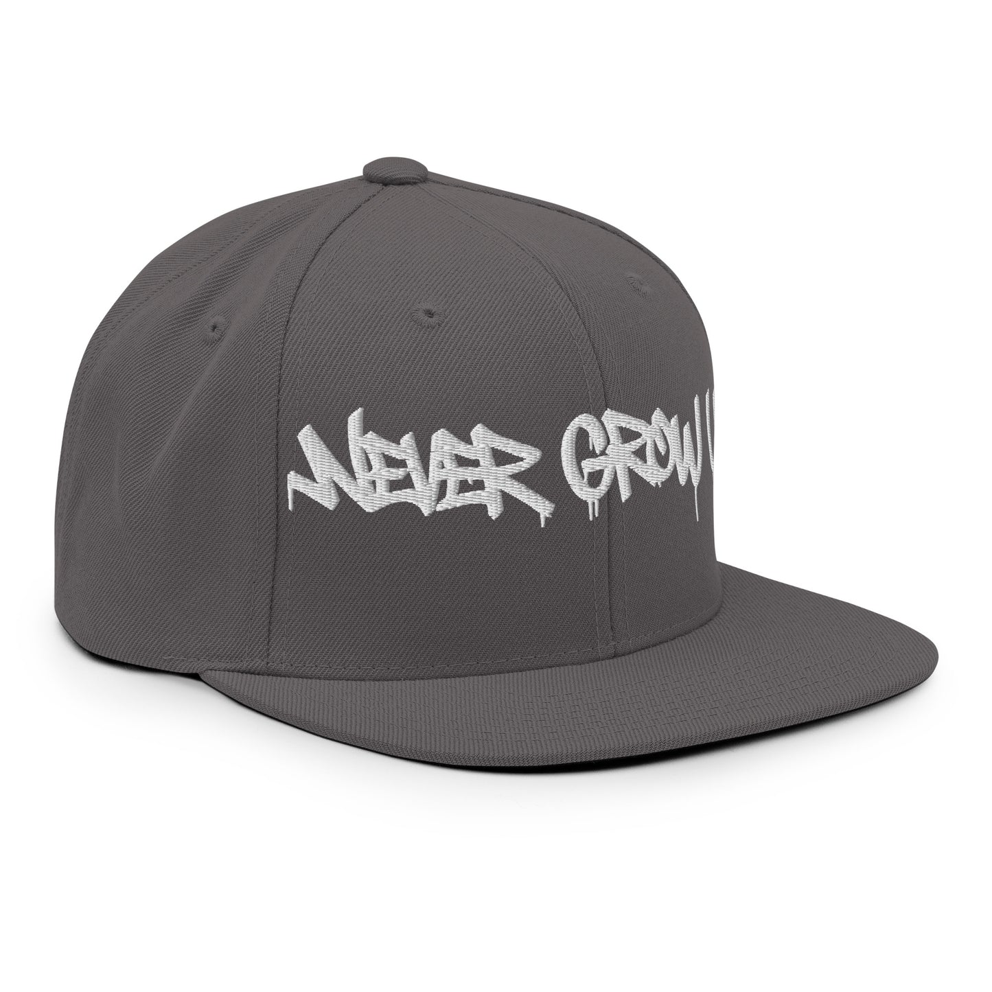 Darkgray-Never Grow Up Graffiti Snapback Hat from B.Different Clothing, right front, graffiti-inspired streetwear