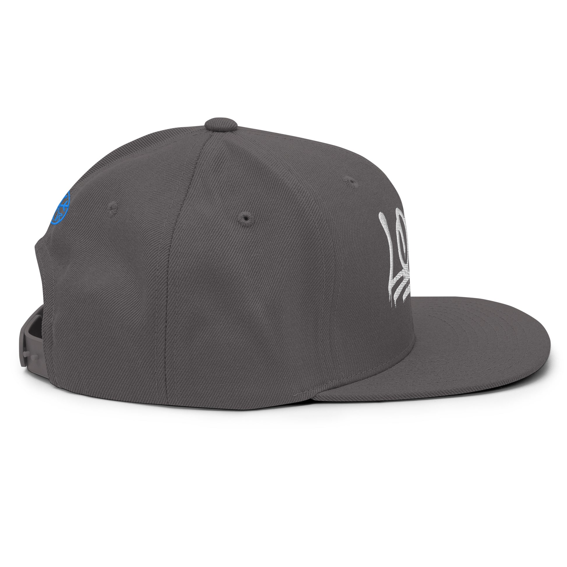 Gray-Loony Graffiti Tag Snapback Hat from B.Different Clothing, right view, graffiti-inspired streetwear