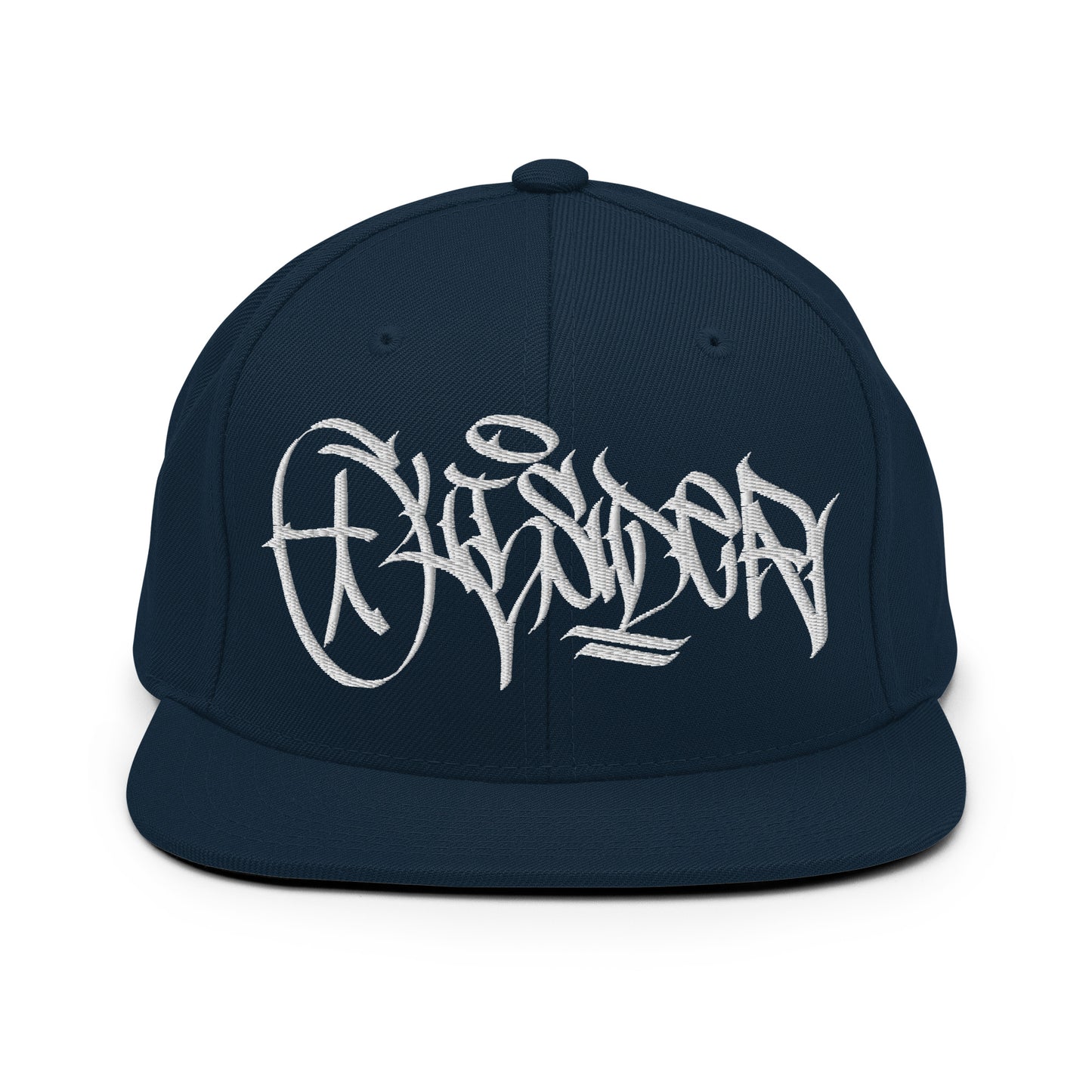 Navy-Outsider Graffiti Tag Snapback Hat by Caos One from B.Different Clothing, front view, graffiti-inspired streetwear