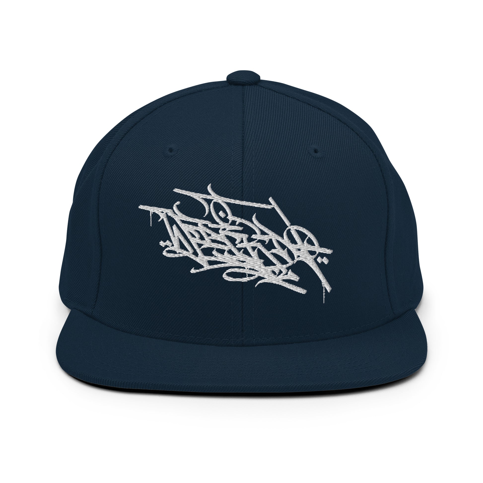 Navy-Weirdo Graffiti Tag Snapback Hat by Shew from B.Different Clothing, front view, graffiti-inspired streetwear