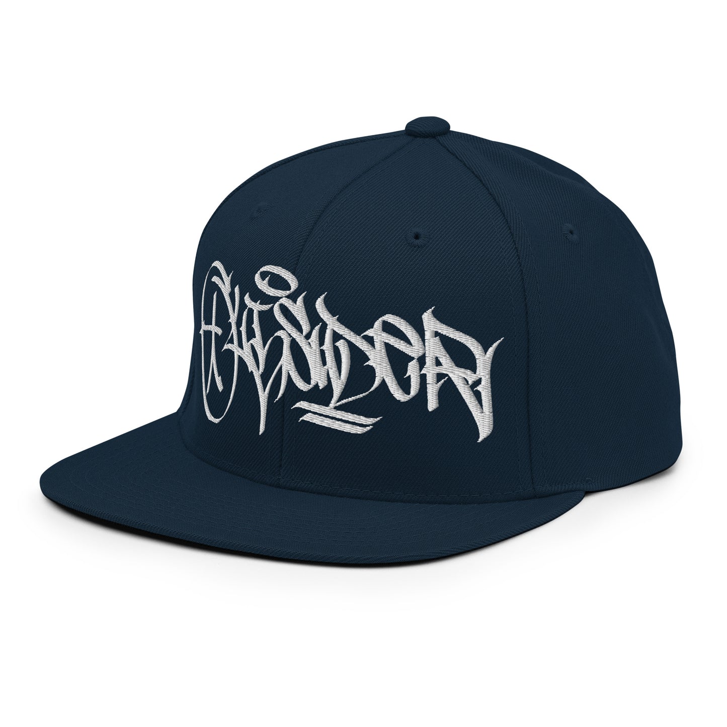 Navy-Outsider Graffiti Tag Snapback Hat by Caos One from B.Different Clothing, 3/4 left view, graffiti-inspired streetwear
