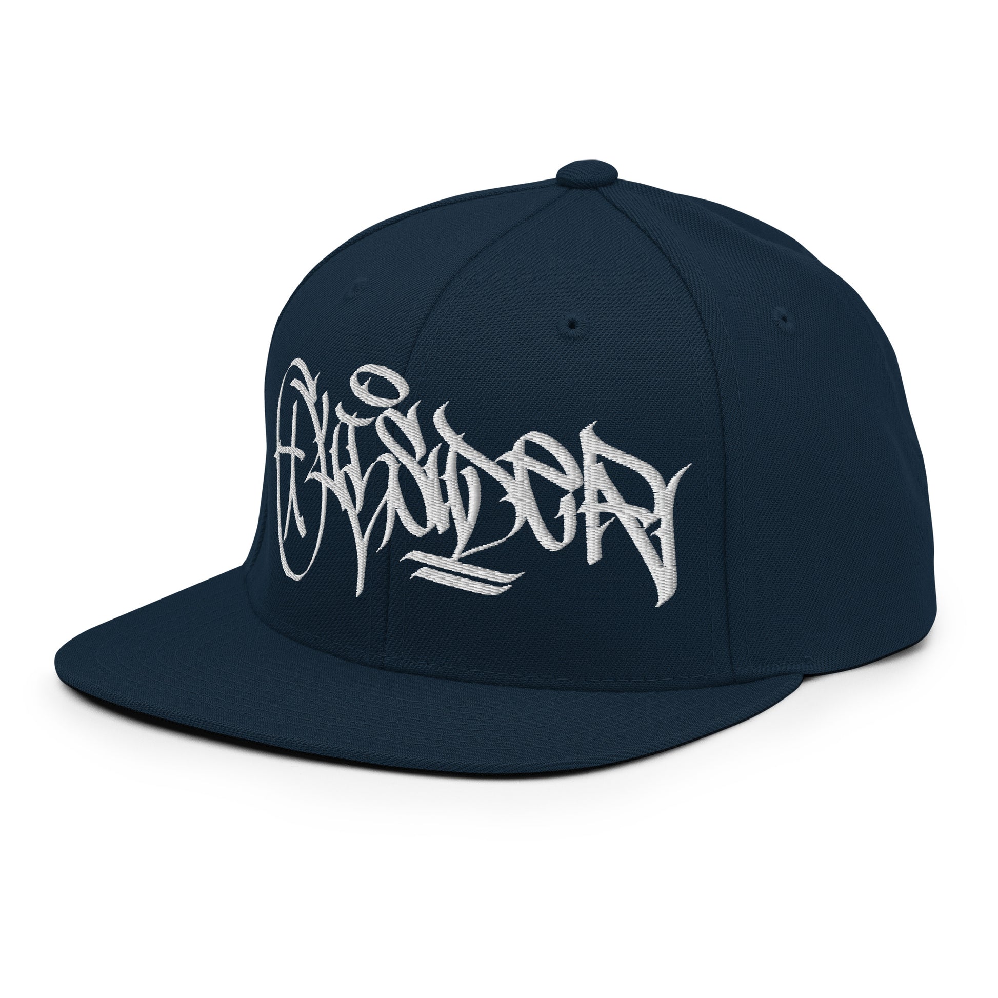Navy-Outsider Graffiti Tag Snapback Hat by Caos One from B.Different Clothing, 3/4 left view, graffiti-inspired streetwear