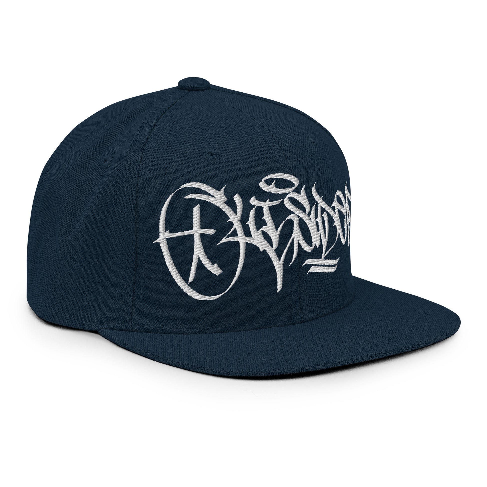 Navy-Outsider Graffiti Tag Snapback Hat by Caos One from B.Different Clothing, 3/4 right view, graffiti-inspired streetwear