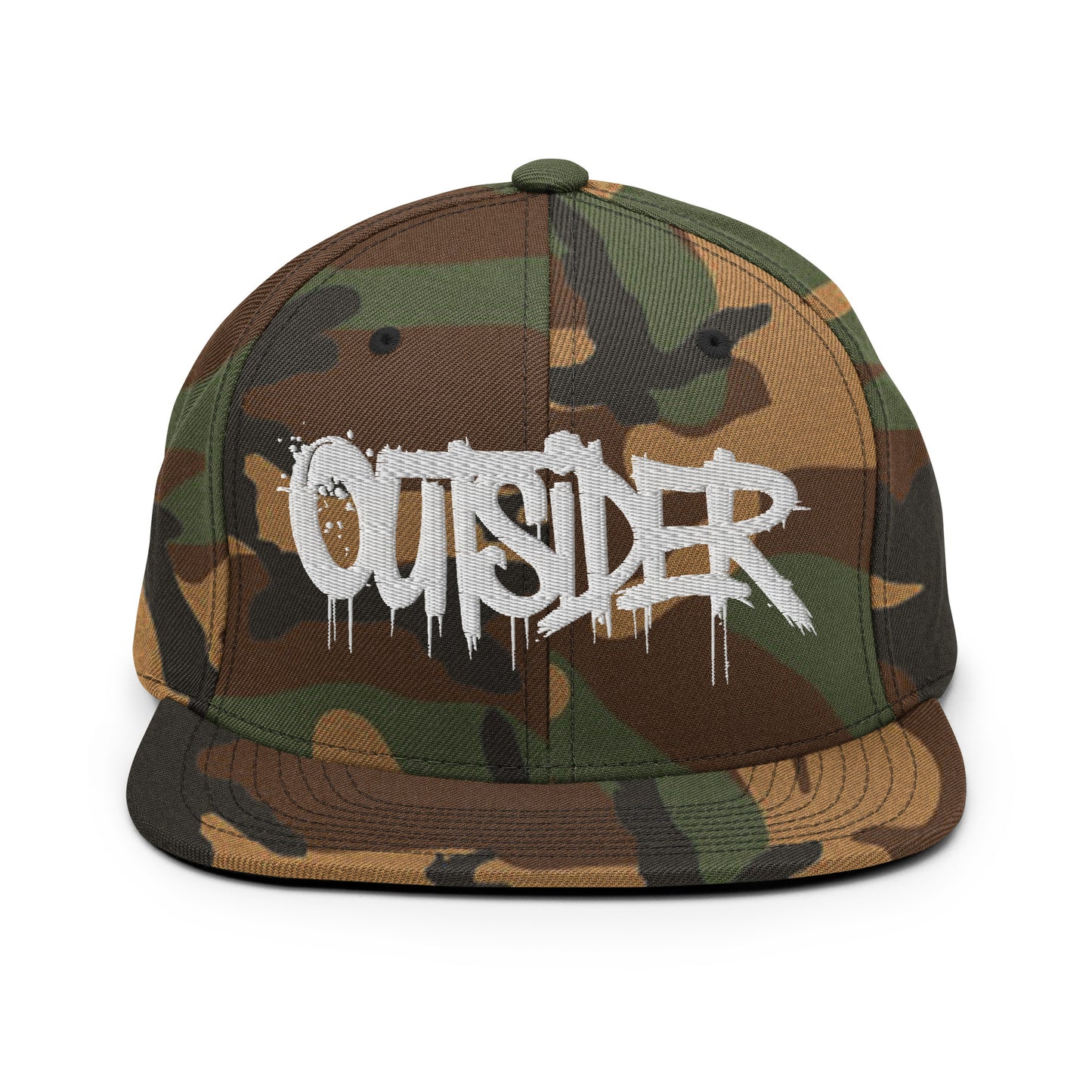 Camo-Outsider Graffiti Tag Snapback Hat from B.Different Clothing, front view, graffiti-inspired streetwear