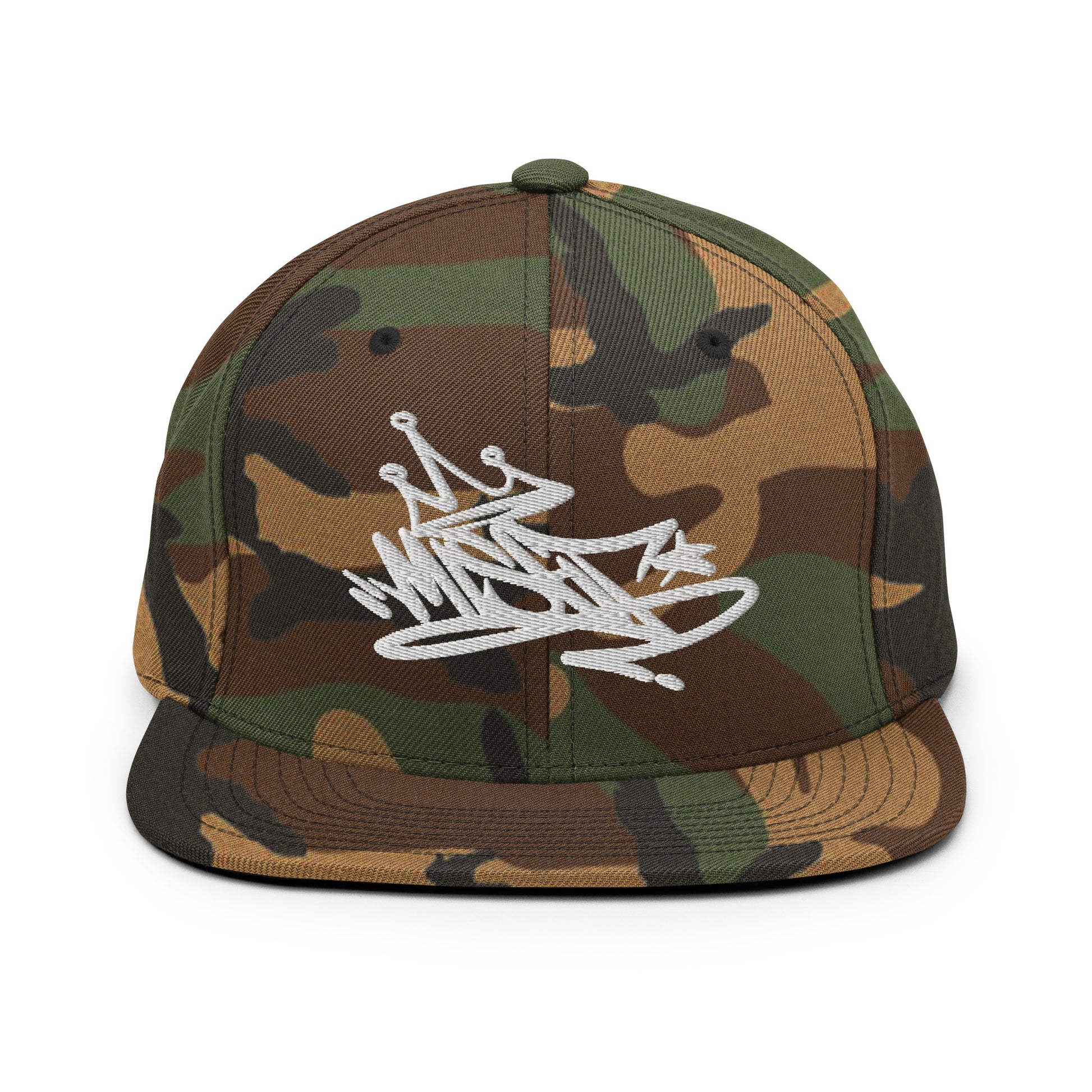 Camo-Misfit Graffiti Tag Snapback Hat from B.Different Clothing, front view, graffiti-inspired streetwear