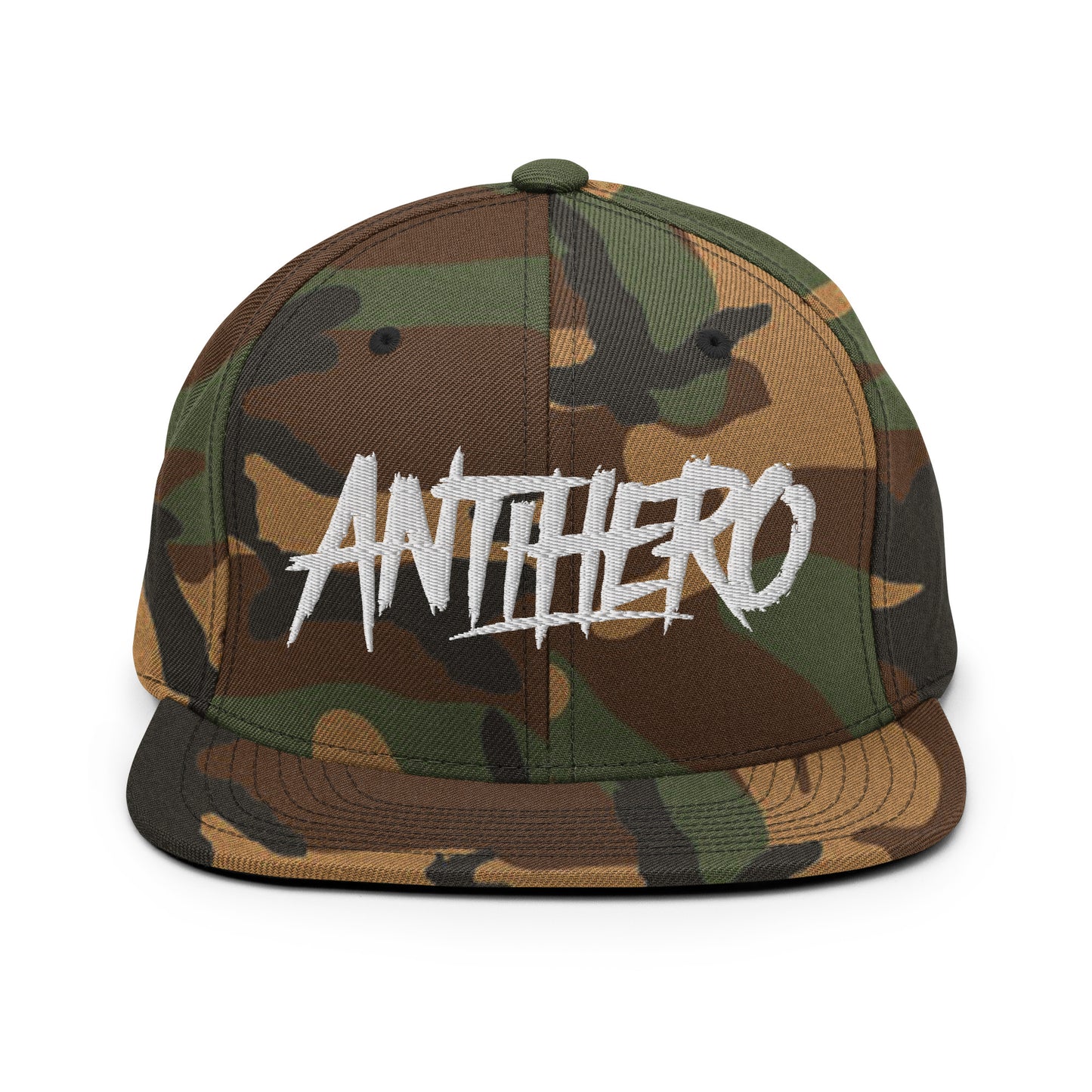 Camo-Antihero Graffiti Tag Snapback Hat from B.Different Clothing, front view, graffiti-inspired streetwear