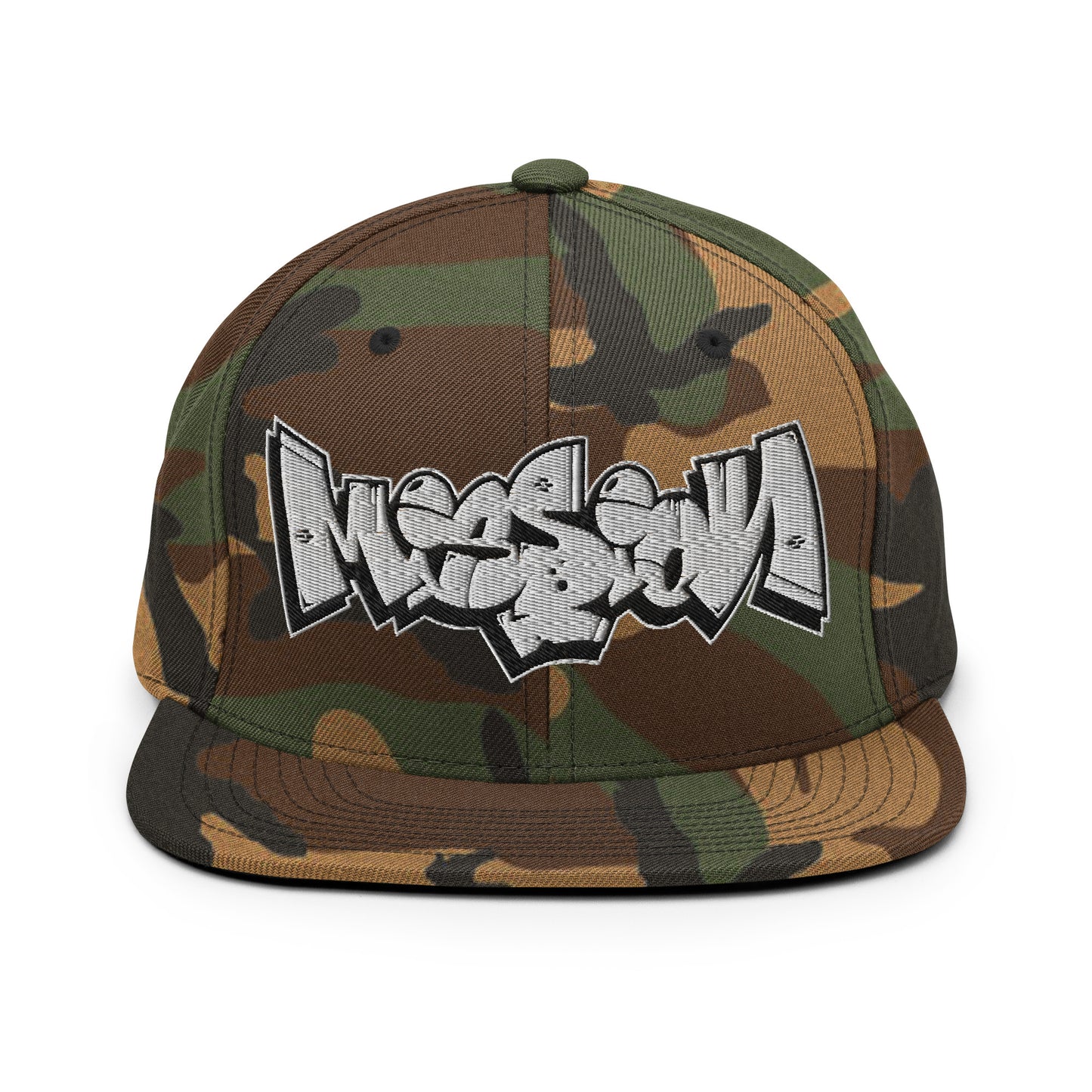 Camo-Mission Graffiti Piece Snapback Hat from B.Different Clothing, front view, graffiti-inspired streetwear
