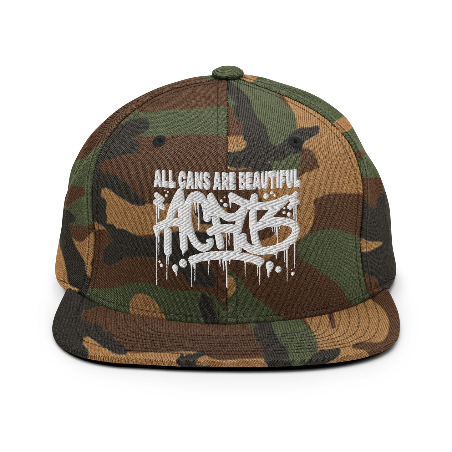 Camo-ACAB Graffiti Tag Snapback Hat from B.Different Clothing, front view, graffiti-inspired streetwear