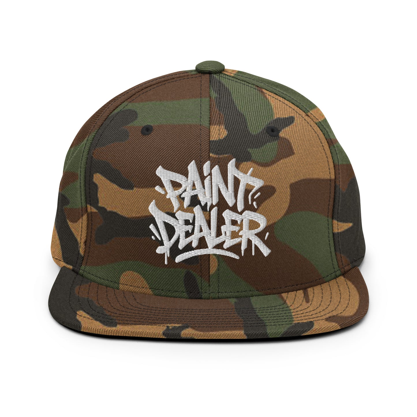 Camo-Paint Dealer Graffiti Tag Snapback Hat from B.Different Clothing, front view, graffiti-inspired streetwear