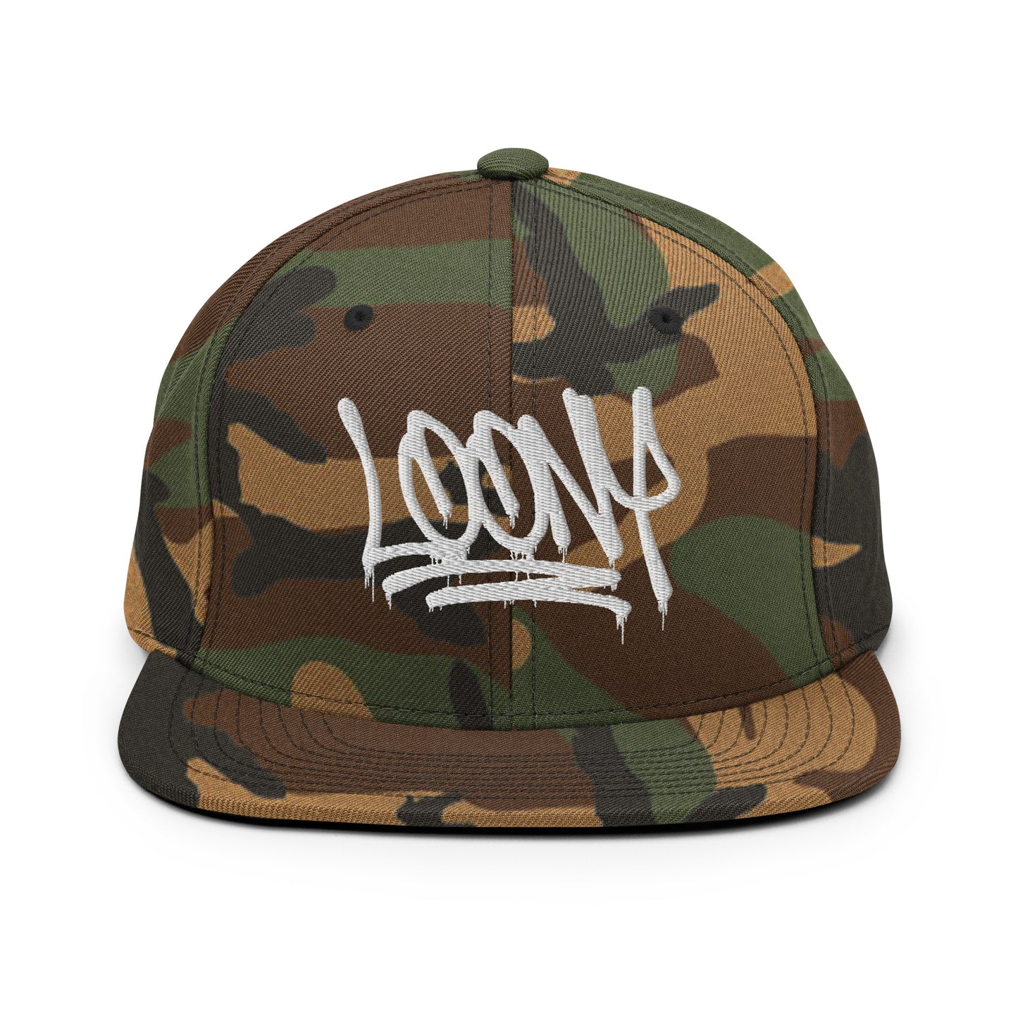 Camo-Loony Graffiti Tag Snapback Hat from B.Different Clothing, front view, graffiti-inspired streetwear