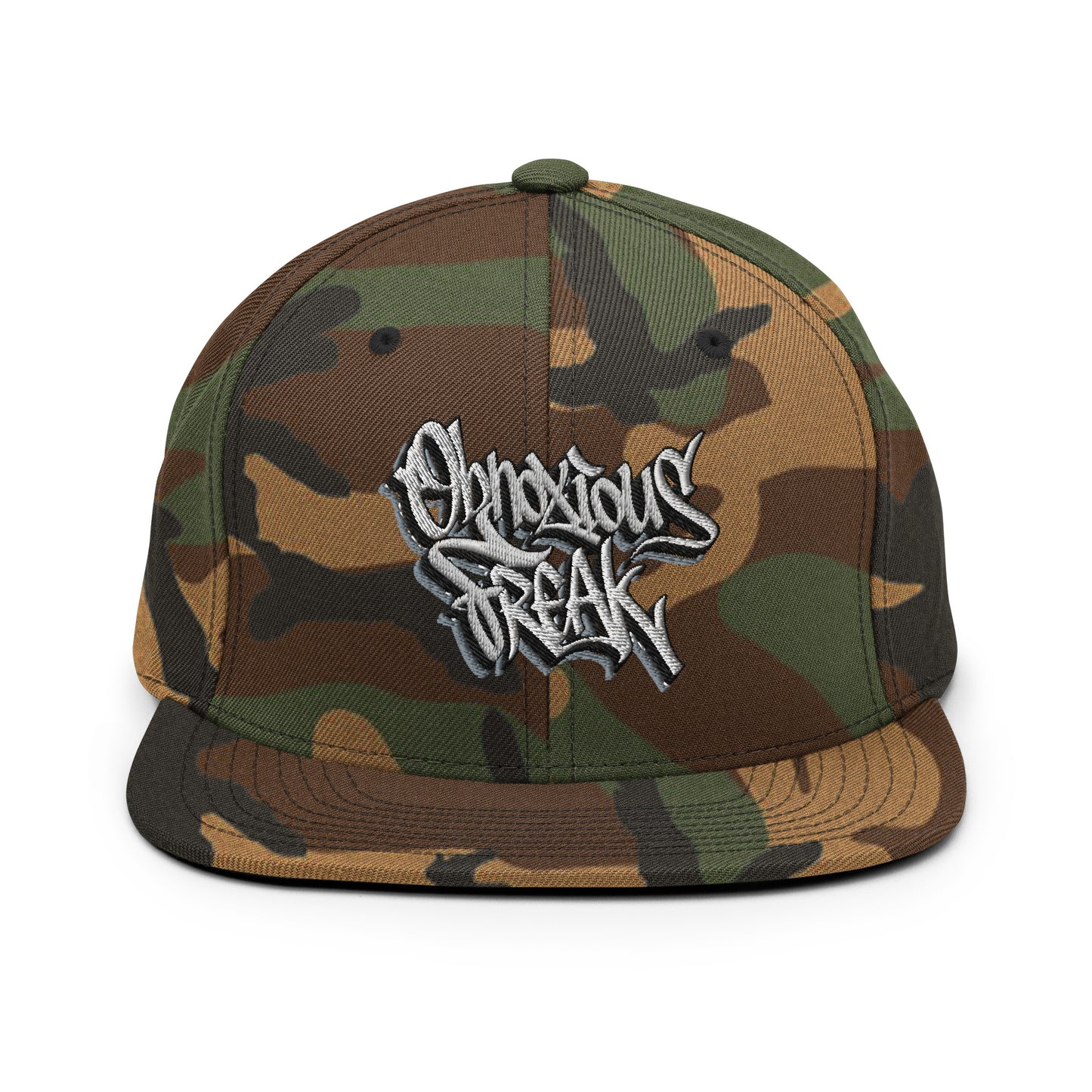 Camo-Obnoxious Freak Graffiti Snapback Hat from B.Different Clothing, front view, graffiti-inspired streetwear