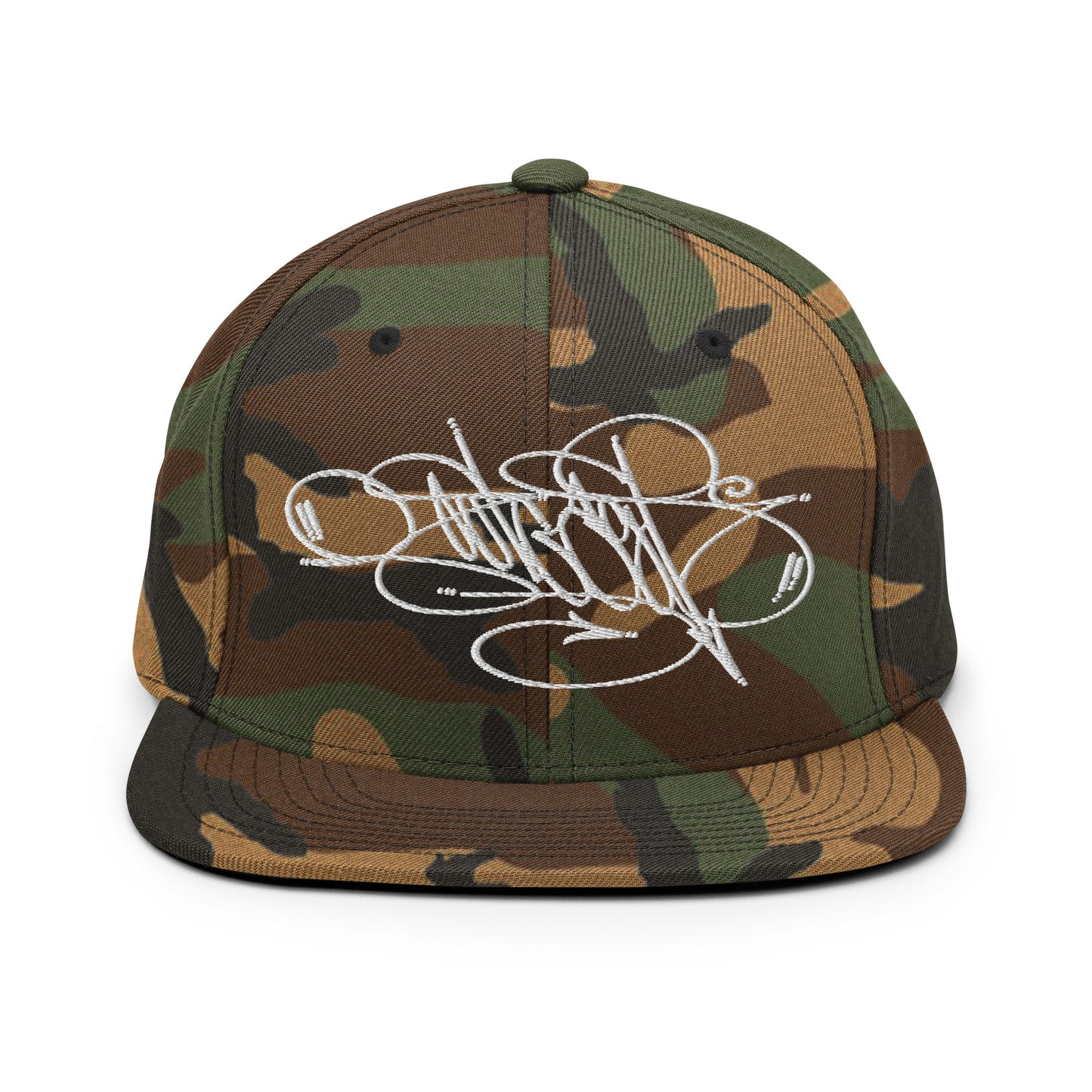 Camo-Outcast Tag Snapback Hat by Graffiti Dad from B.Different Clothing, front view, graffiti-inspired streetwear