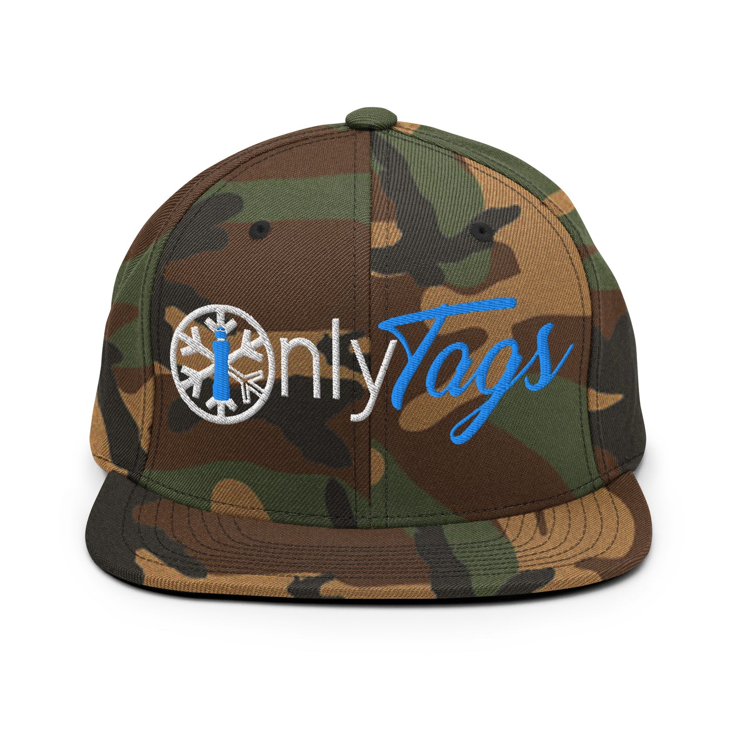 Camo-Only Tags Graffiti Snapback Hat from B.Different Clothing, front view, graffiti-inspired streetwear