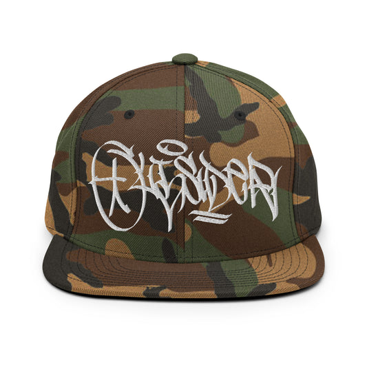 Camo-Outsider Graffiti Tag Snapback Hat by Caos One from B.Different Clothing, front view, graffiti-inspired streetwear
