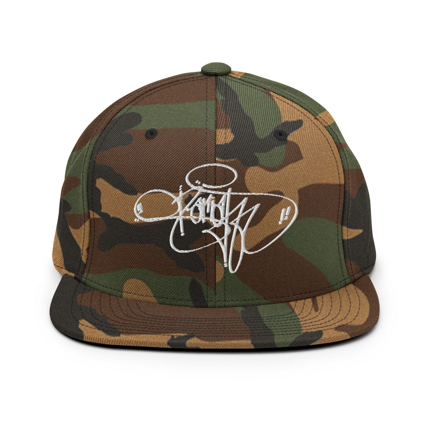 Camo-Pariah Tag Snapback Hat by Graffiti Dad from B.Different Clothing, front view, graffiti-inspired streetwear