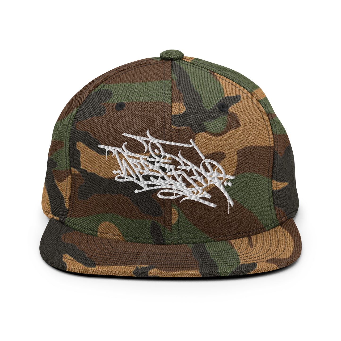 Camo-Weirdo Graffiti Tag Snapback Hat by Shew from B.Different Clothing, front view, graffiti-inspired streetwear